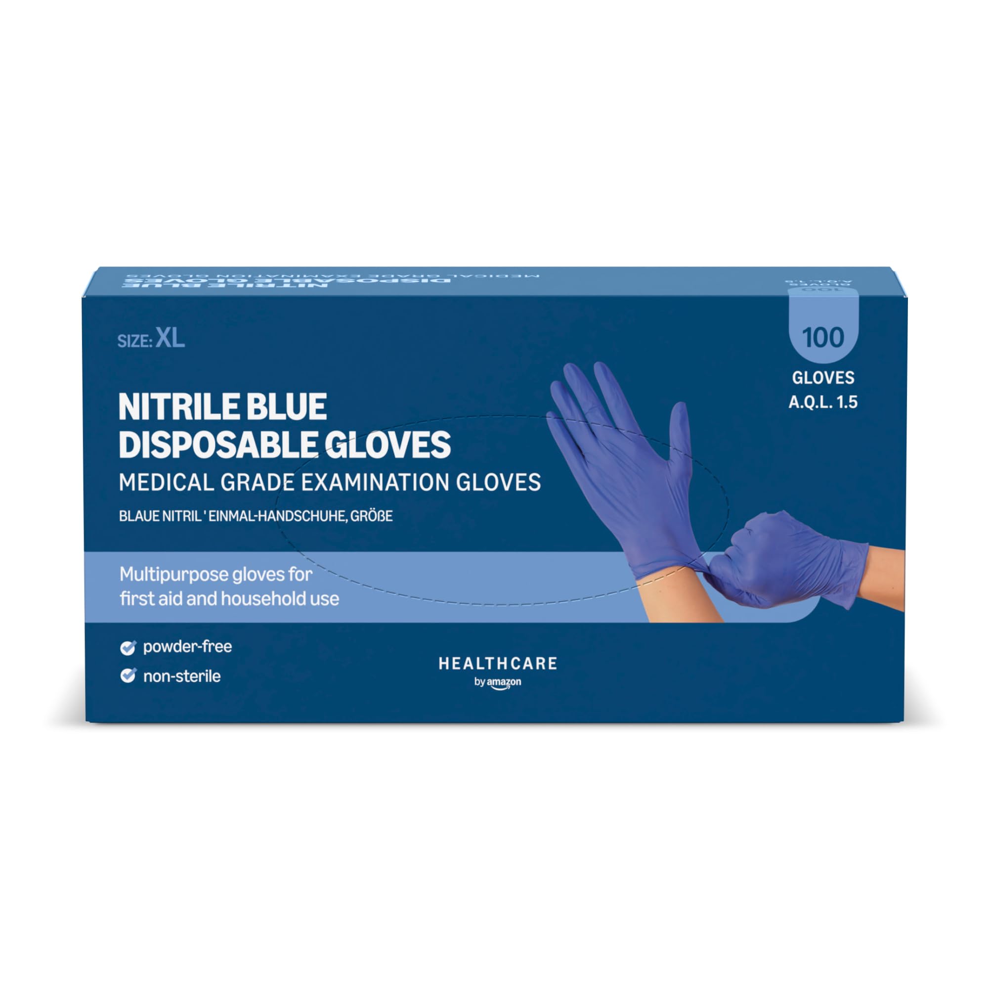 Blue Disposable Nitrile Gloves, Powder-Free, Latex-Free, Pack of 100 - S / M / XL
