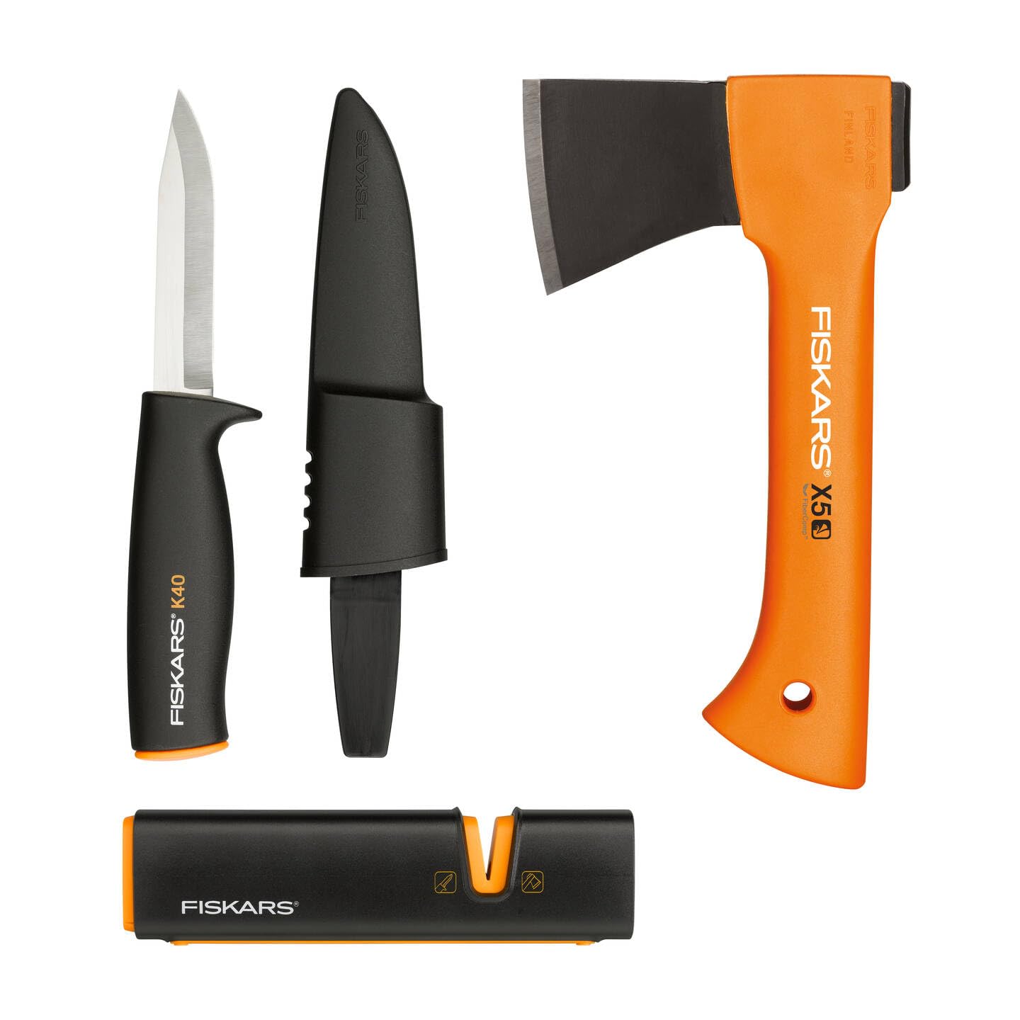 Fiskars Stove Set, Leisure Axe X5-XXS, 23cm, Xsharp Axe & Knife Sharpener, Ceramic Sharpening Head, Universal Knife K40, incl. Quiver