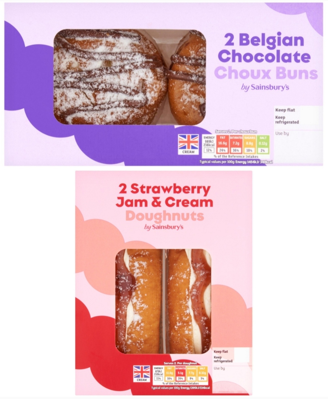Sainsbury's Belgian Chocolate Choux Buns 2x68g / Strawberry Jam & Cream Doughnuts 2x63g (Nectar Price)