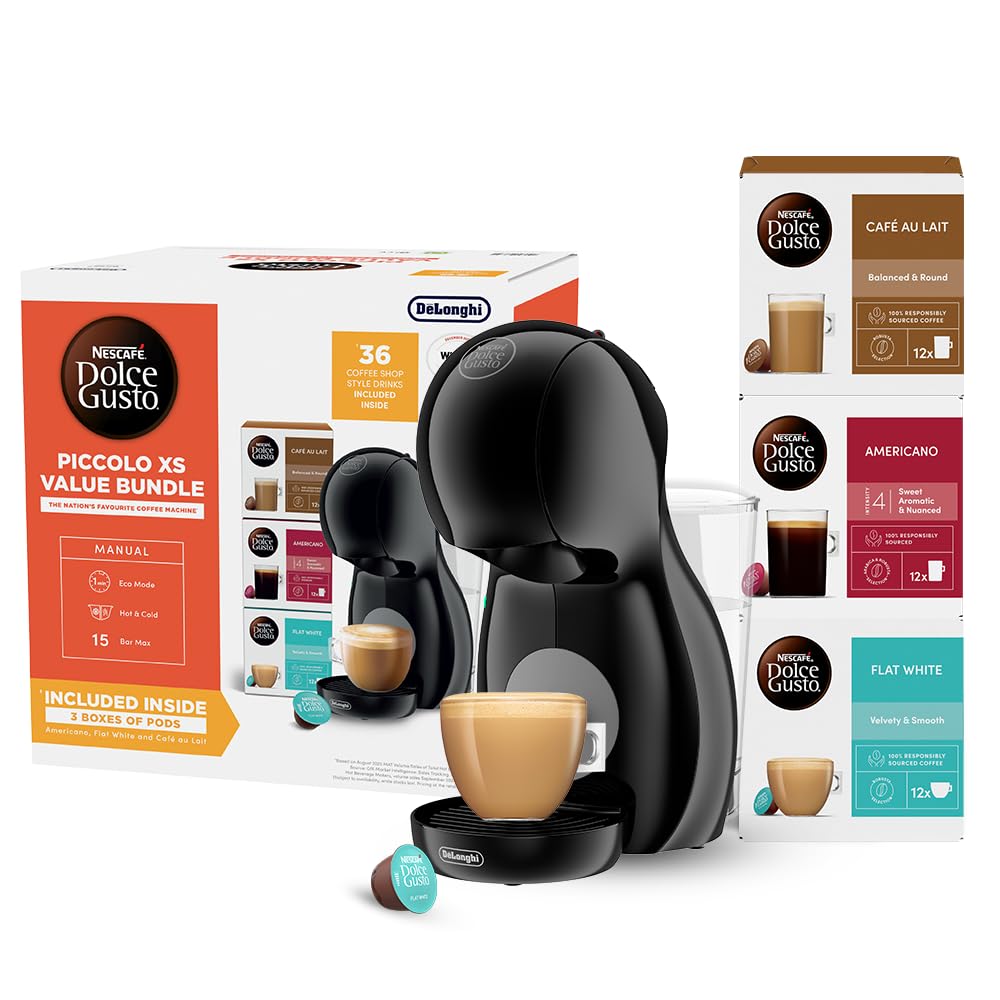 Nescafé Dolce Gusto De'Longhi Piccolo XS - Coffee Capsule Machine, Compact Design, Hot&Cold Drinks, Automatic Shut-Off, with 3x12 Capsule