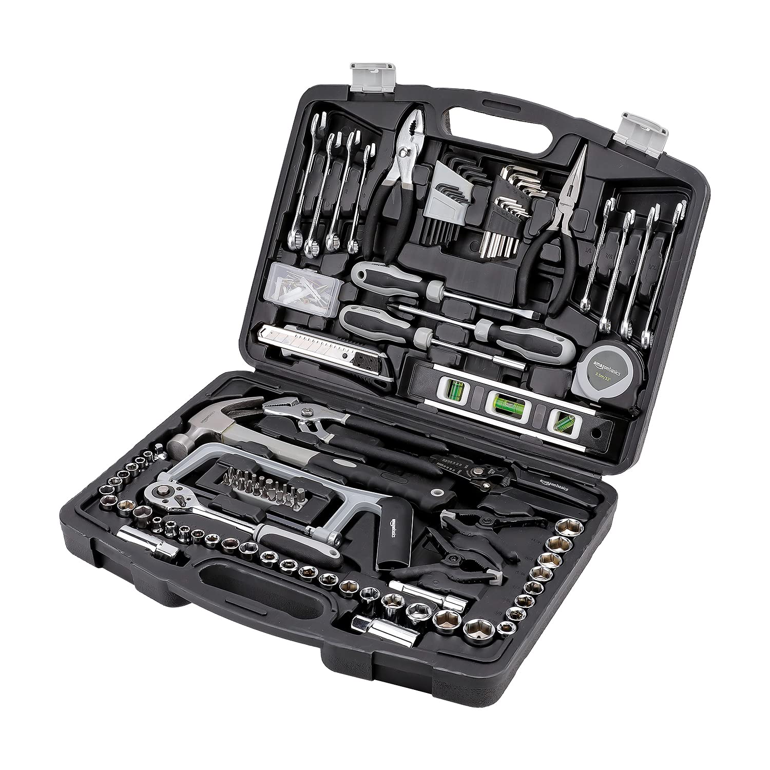 Amazon Basics 173-Piece General Household Hand Tools Set, Alloy Steel, Non-Slip Handles, Blow-Moulded Case, 42.9 x 32.2 x 8.5cm