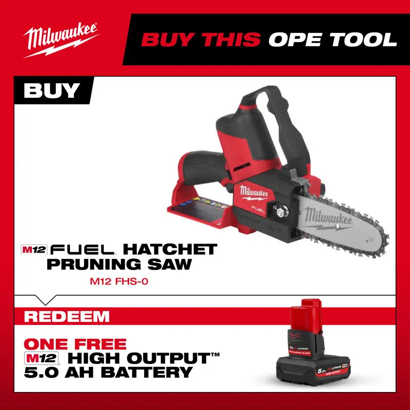 Milwaukee M12FHS 12V Fuel Hatchet Pruning Saw + Claim Free M12 High Output 5.0AH Battery