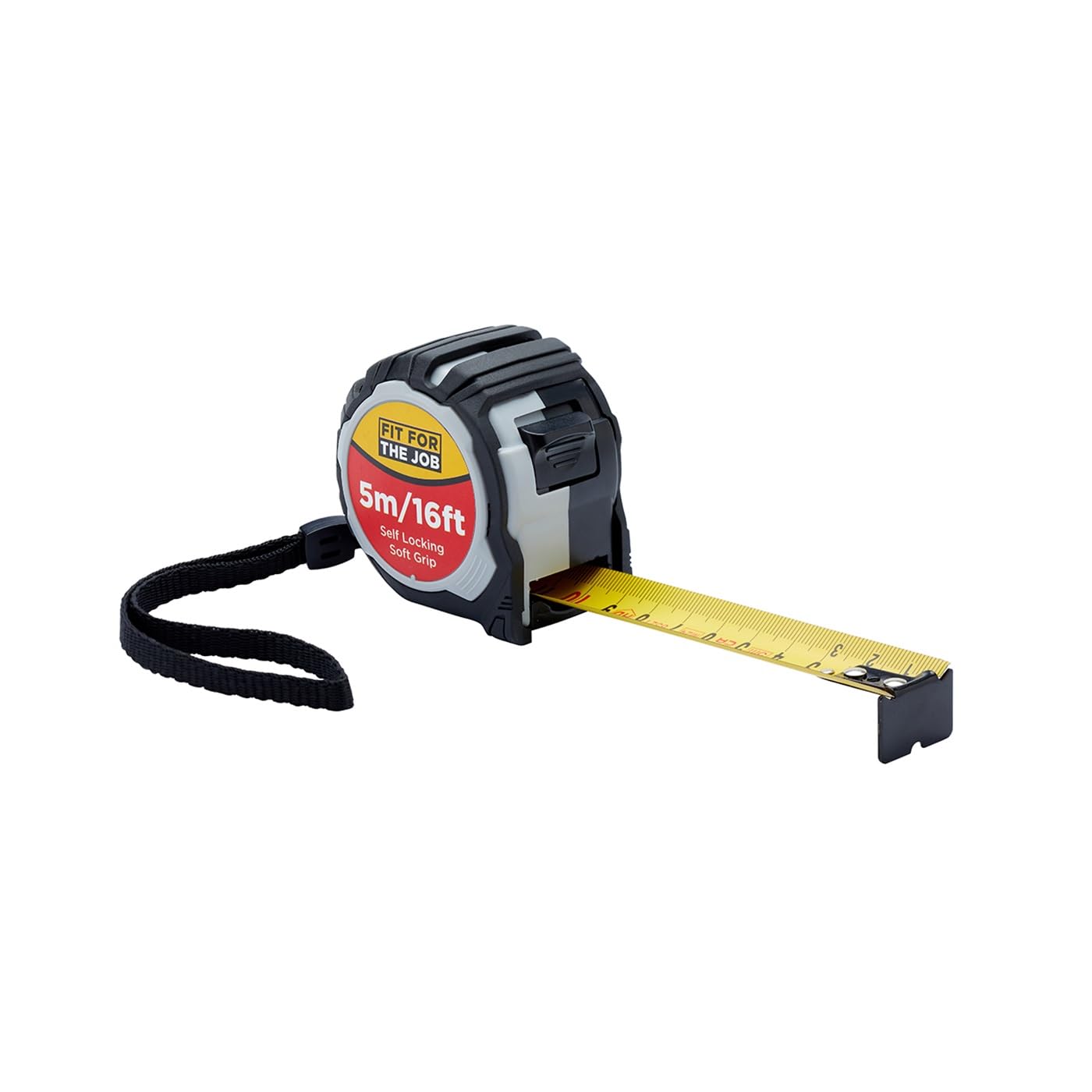 Fit For The Job 5m Tape Measure | Soft Grip Auto Lock Retractable Measuring Tape Metric Measurements, Wrist Loop and Belt Clip