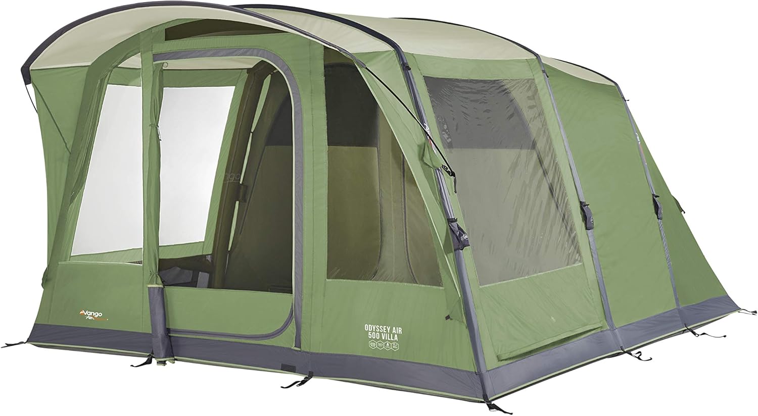 Vango Airbeam Odyssey Air 500 Villa Tent, 5 Man Inflatable with Pump, Sun Canopy, Easy Pitch, Epsom Green