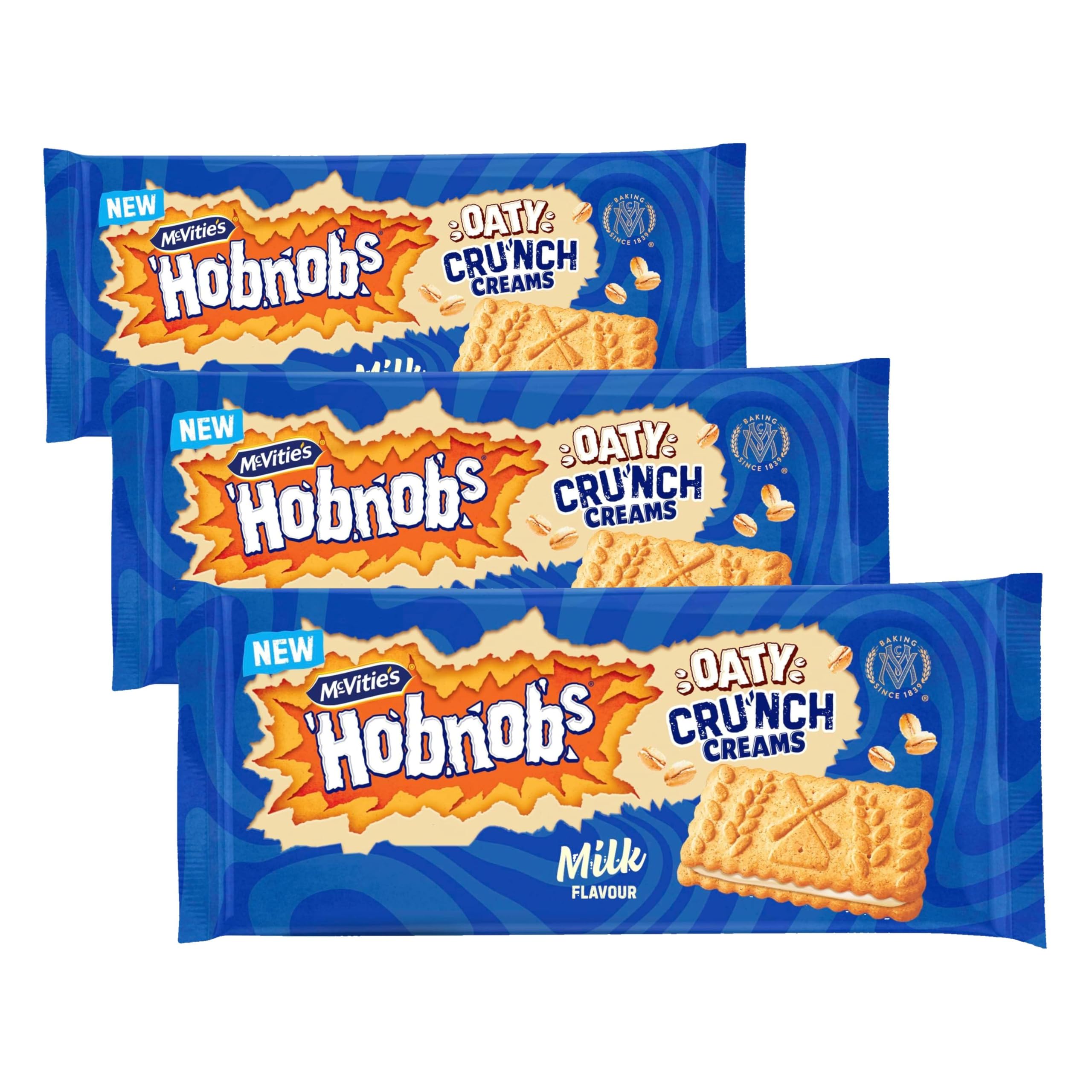McVitie's Hobnobs Oaty Crunch Creams Milk Flavour Biscuits, Sweet Sandwich Snack for Sharing, 100 g (Pack of 3)