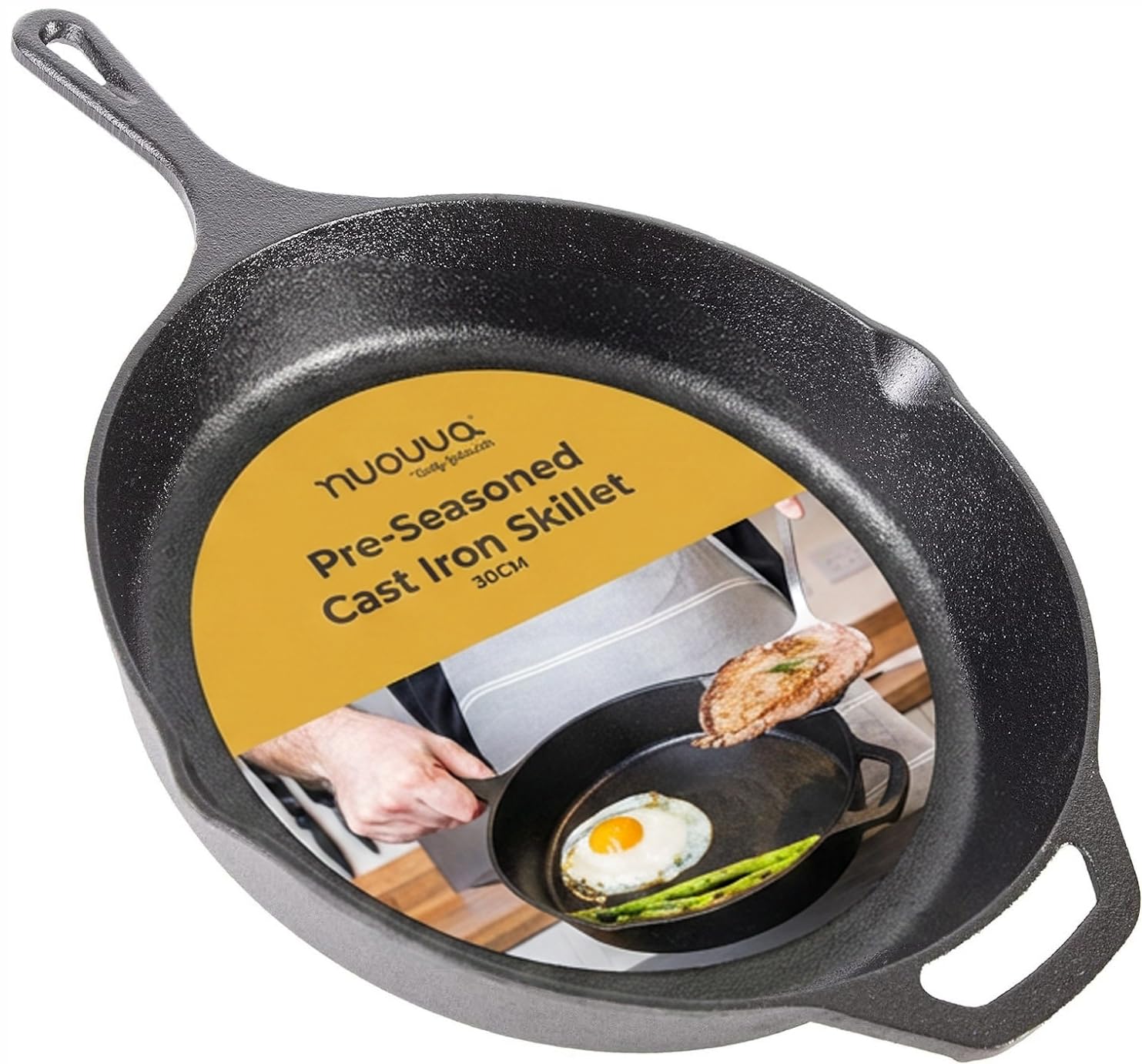 nuovva Pre Seasoned Cast Iron Skillet Frying Pan - Oven Safe Grill Cookware for Indoor & Outdoor Use – (12 inches – 32cm) by MALMO / FBA