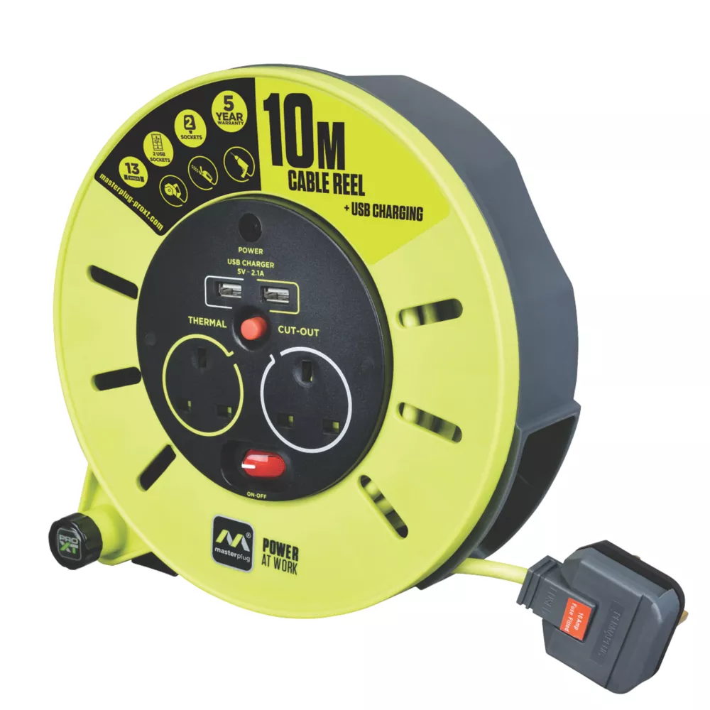 PRO XT 13A 2-Gang 10m Cable Reel + 2.1A 2-Outlet Type A USB Charger 240V - Free C&C