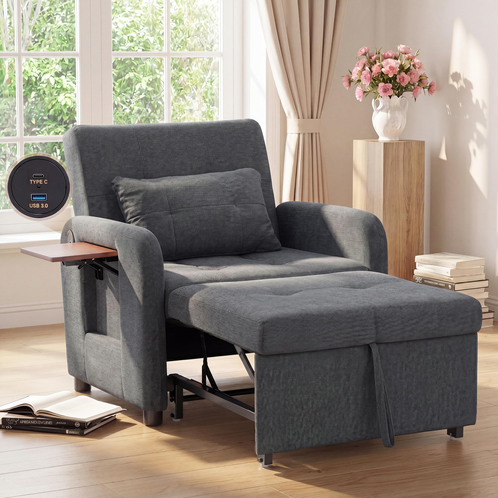 COLAMY Compact Recliner Armchair with USB Port & Side Table - Dark Grey