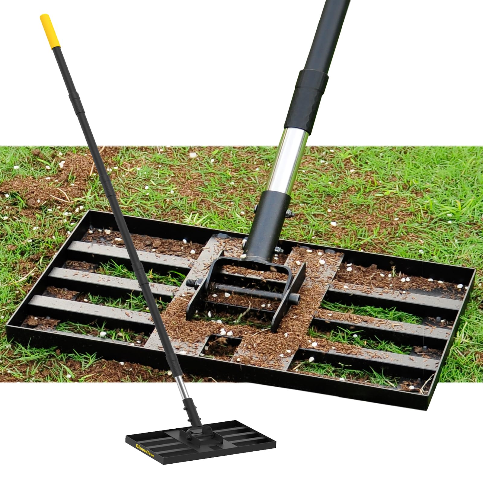Lawn Levelling Rake, 43x25cm Lawn Leveller with 204cm Long Handle, Heavy Duty Sand & Top Soil Spreader - BlumeTrec FBA