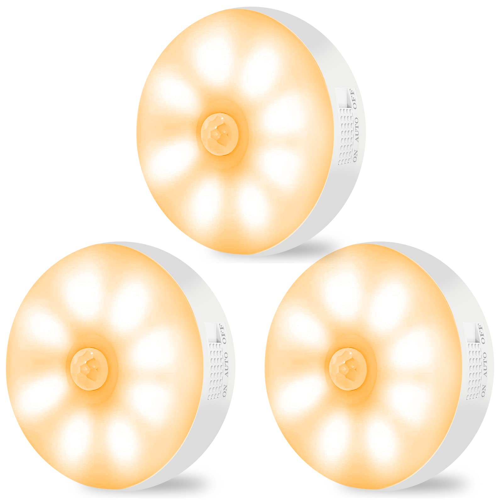 Motion Sensor Lights Indoor Rechargeable Wireless Wall Light LED, 6000K - 3 Pack