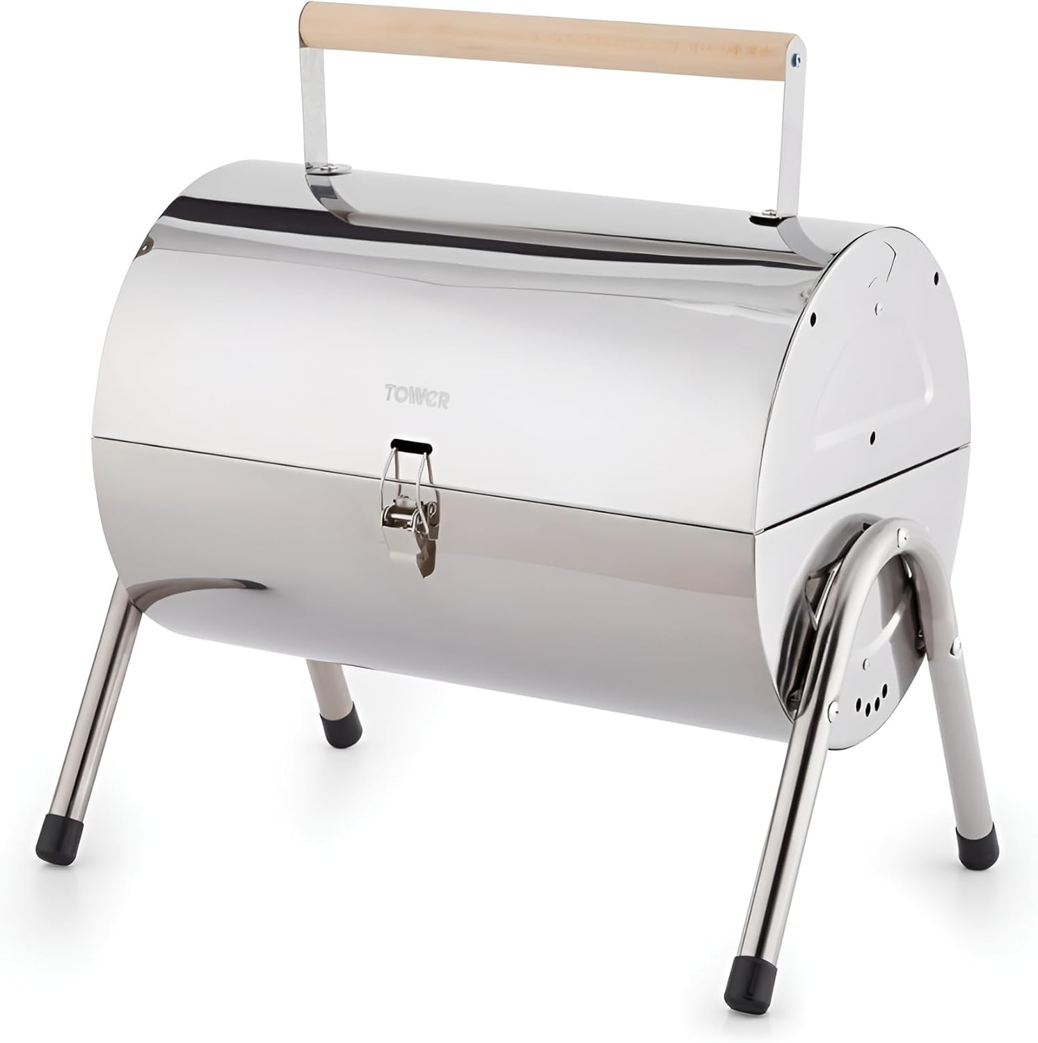 Tower Portable Barrel Grill with Wooden Carry Handle, Compact Design, Safety Locking Mechanism, Stainless Steel W/Voucher