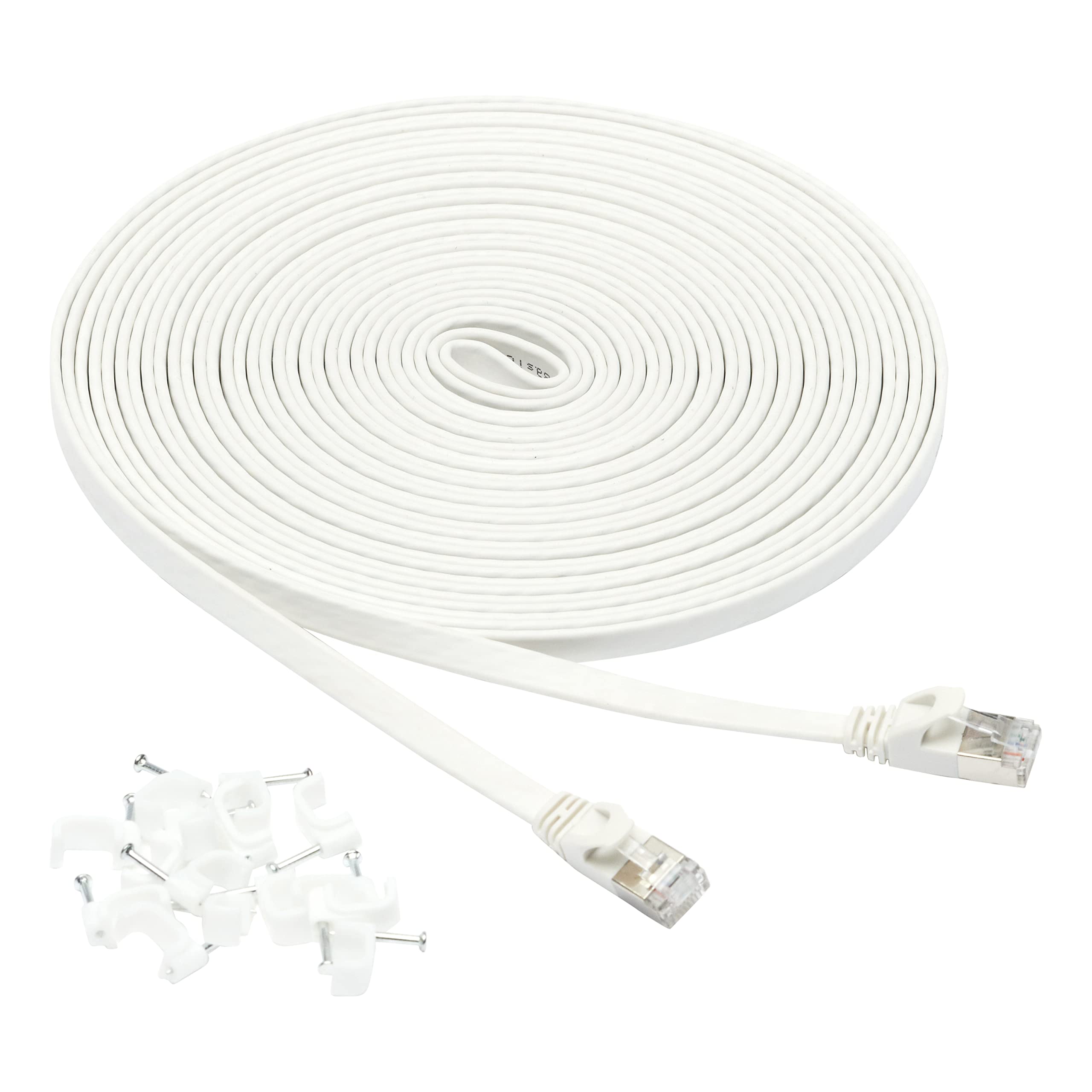 Amazon Basics Cat 7 Flat Ethernet Cable, 9.1 m (30ft), 600MHz Shielded, Snagless RJ45, with Nails for Easy Installation, White