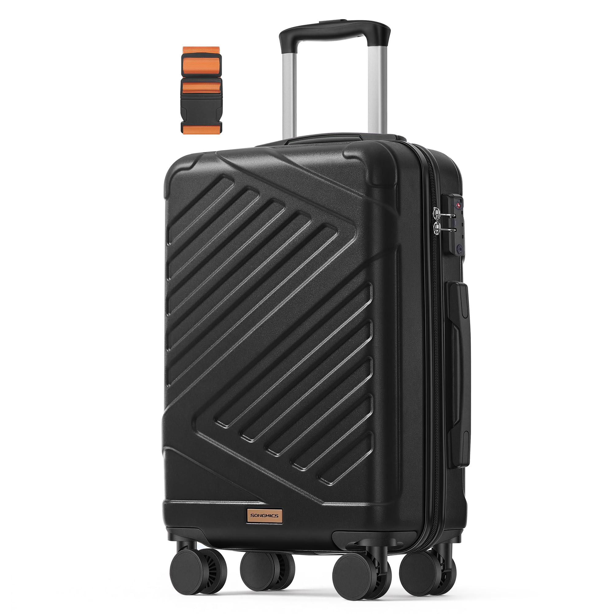 SONGMICS Hard Shell Suitcase, ABS with TSA Lock, 4 Double Spinner Wheels, Travel Case with Strap, 55cm, Black