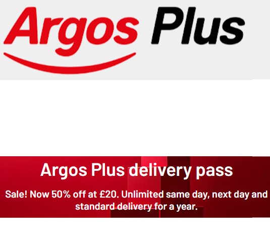 50% off Argos Plus Delivery Pass - Unlimited Same day, Next Day and Standard Delivery for a Year