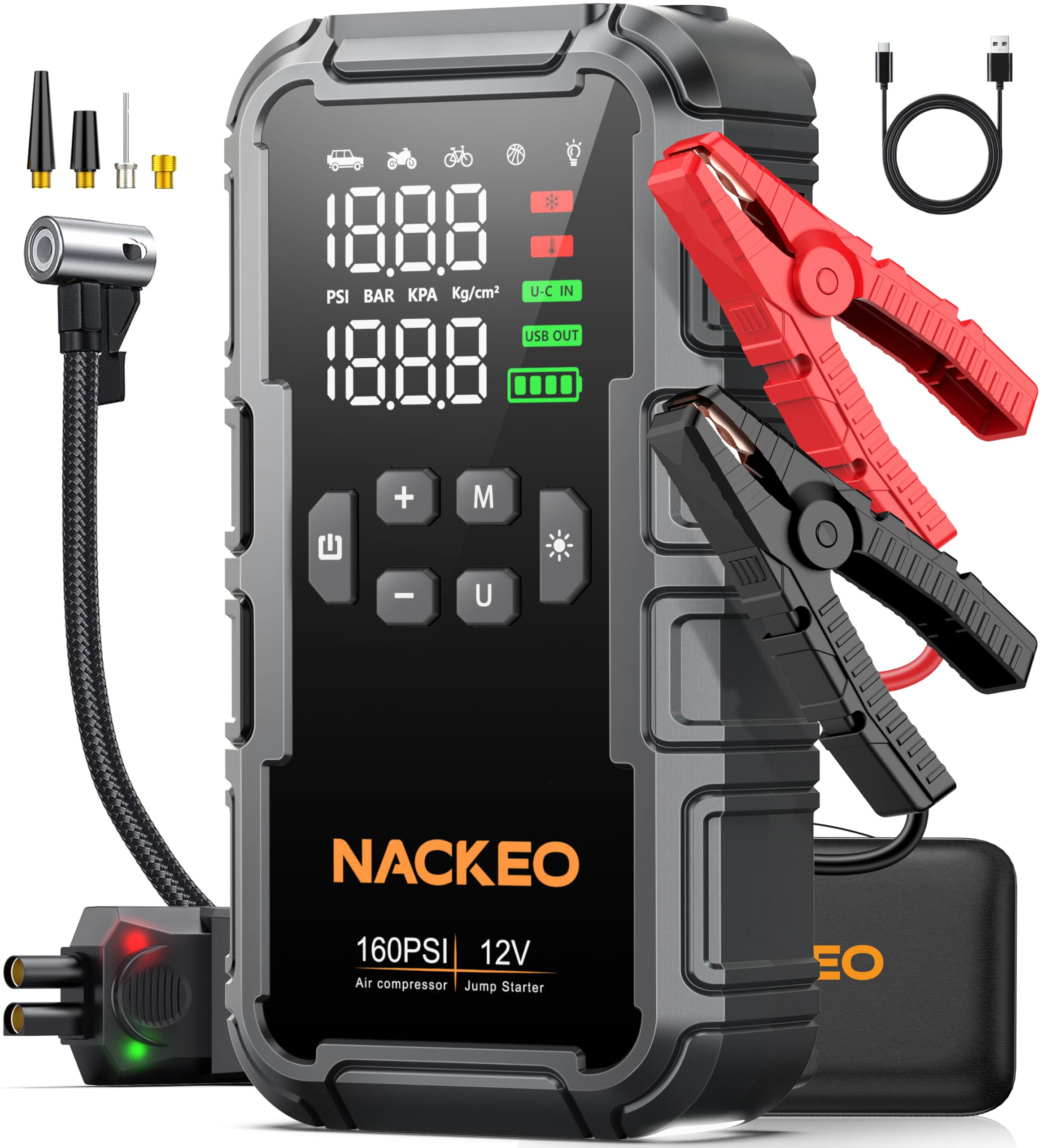 8000A Jump Starter Power Pack with Air Compressor 160PSI, 12V Car Battery Booster Jump Starter (All Gas 12L Diesel)