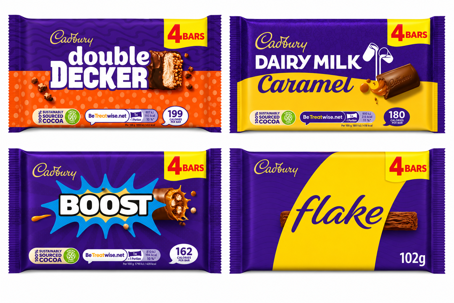 Cadbury Double Decker / Dairy Milk Caramel / Flake / Boost Chocolate Bars 4pk - S&S £1.42 / £1.28