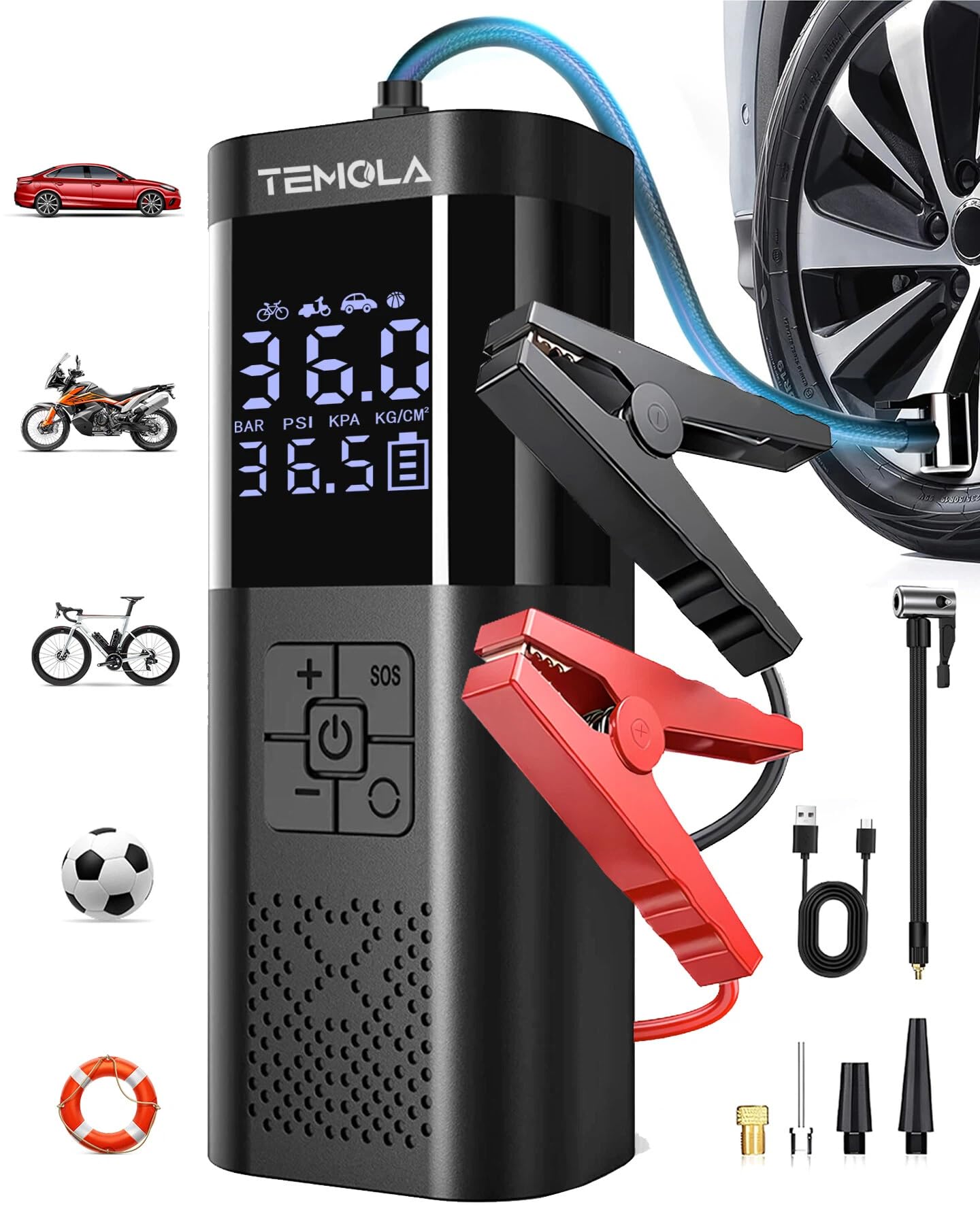 TEMOLA Jump Starter Power Pack, 150PSI Car Battery Booster Jump Starter - Sold by Temola Store / FBA