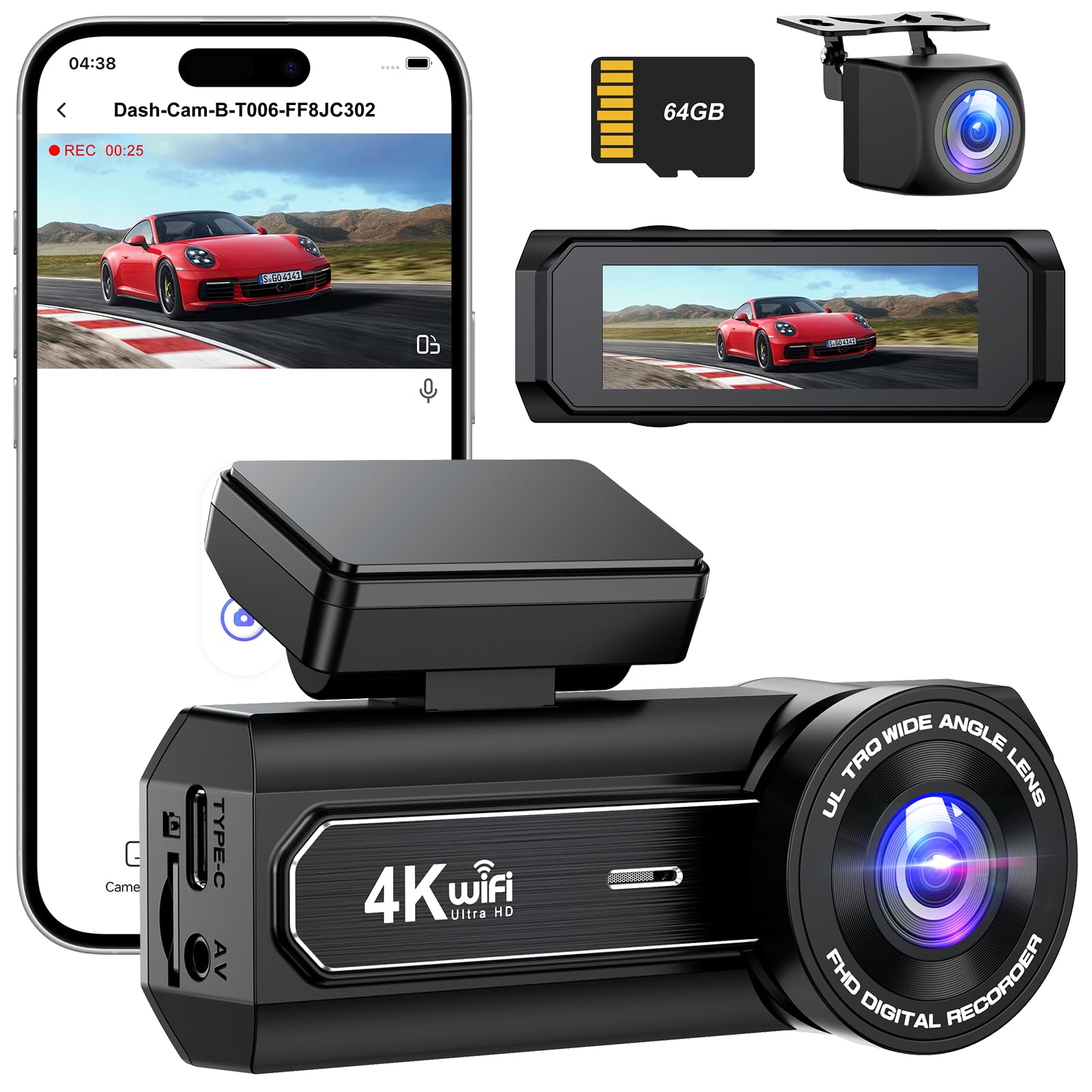 Dash Cam, 4K + 1080P DashCam Front and Rear, WiFi Dashcam with 64GB SD Card - Sold by MOSHE LIMITED / FBA