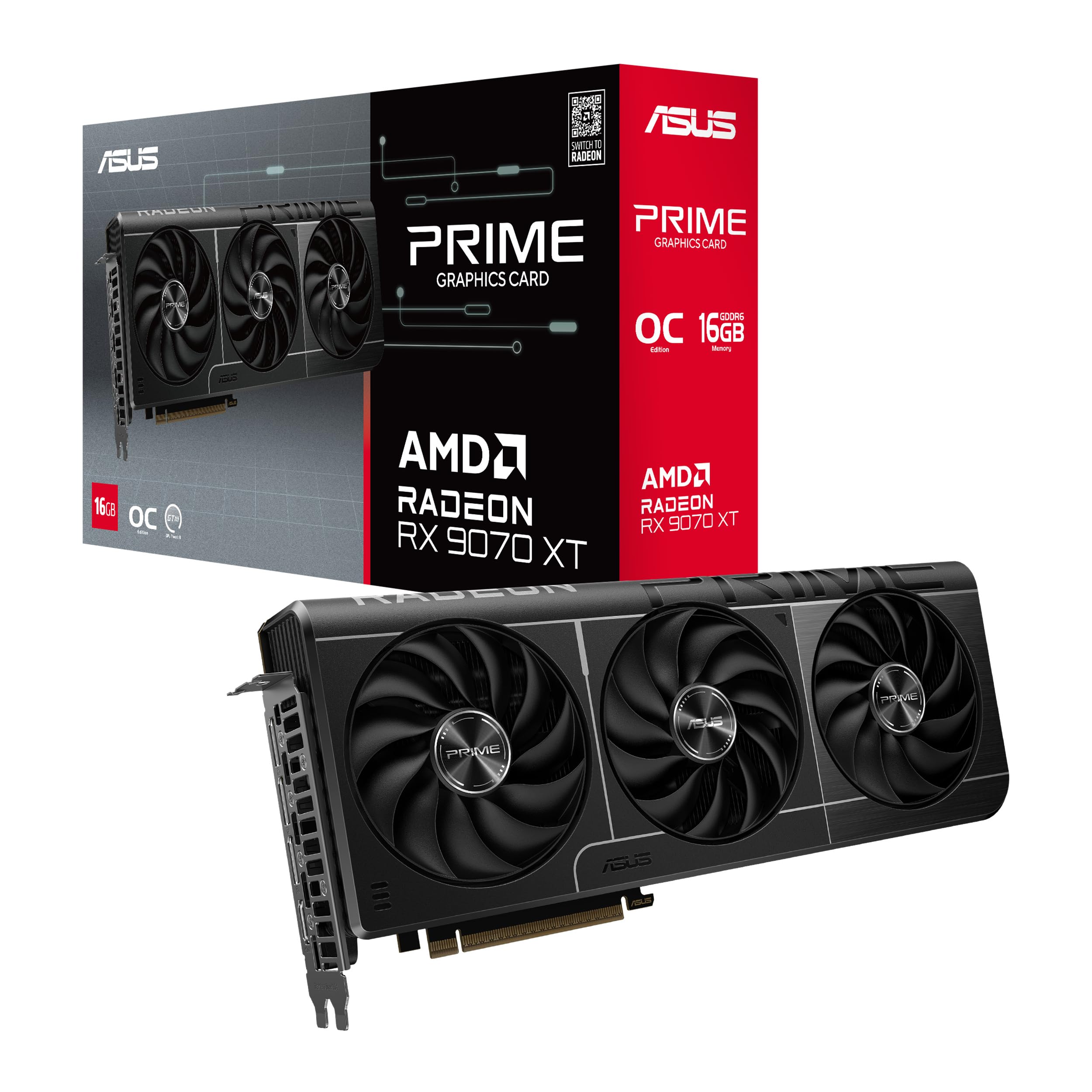Asus Prime RX9070 XT OC, PCIe5, 16GB DDR6, HDMI, 3 DP, 3030MHz Clock, Overclocked, Compact SFF-Ready