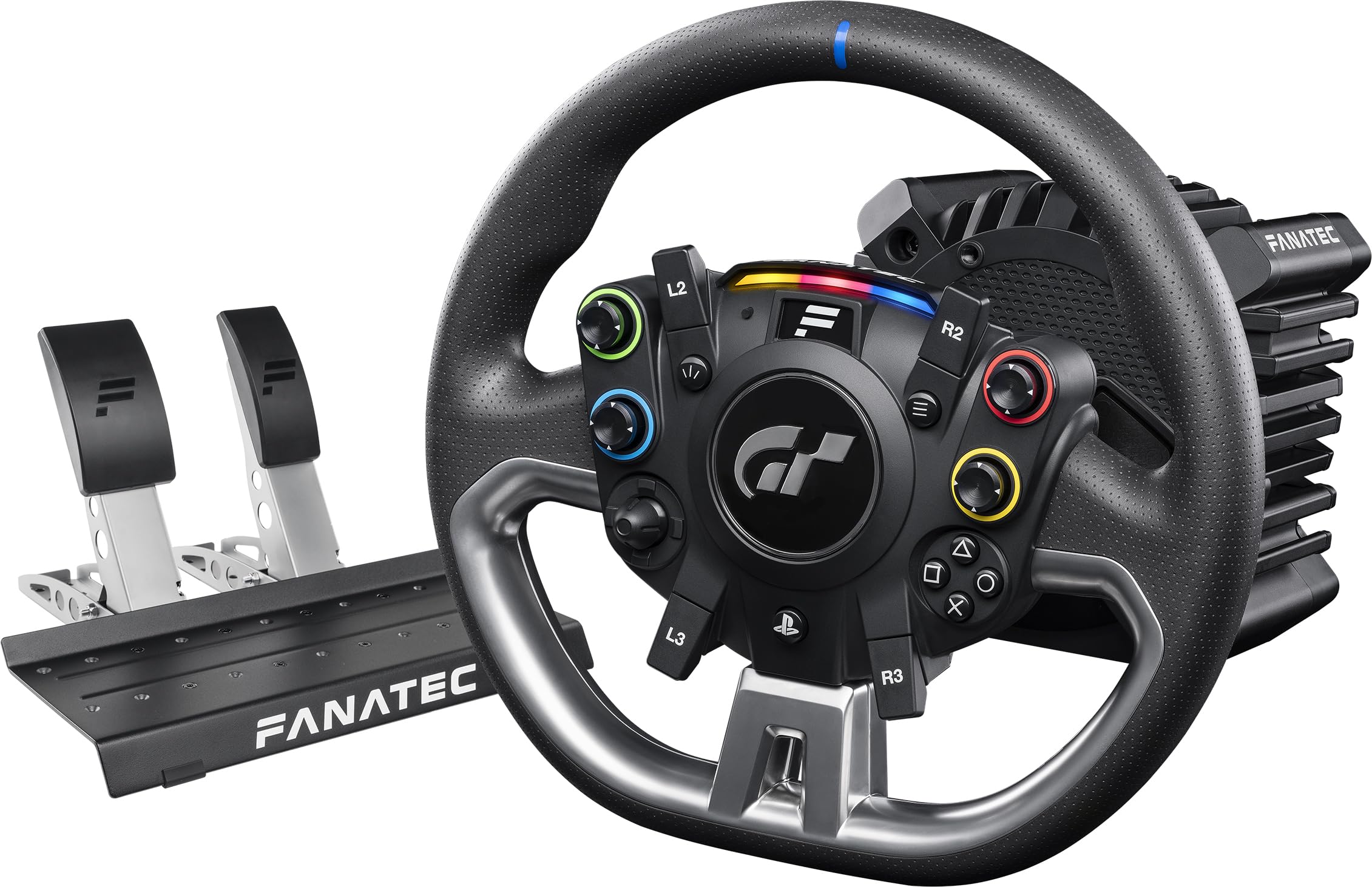Fanatec Officially Licensed Gran Turismo DD Pro PlayStation Sim Racing Steering Wheel, Base and Pedals – Polyphony Digital Wheel