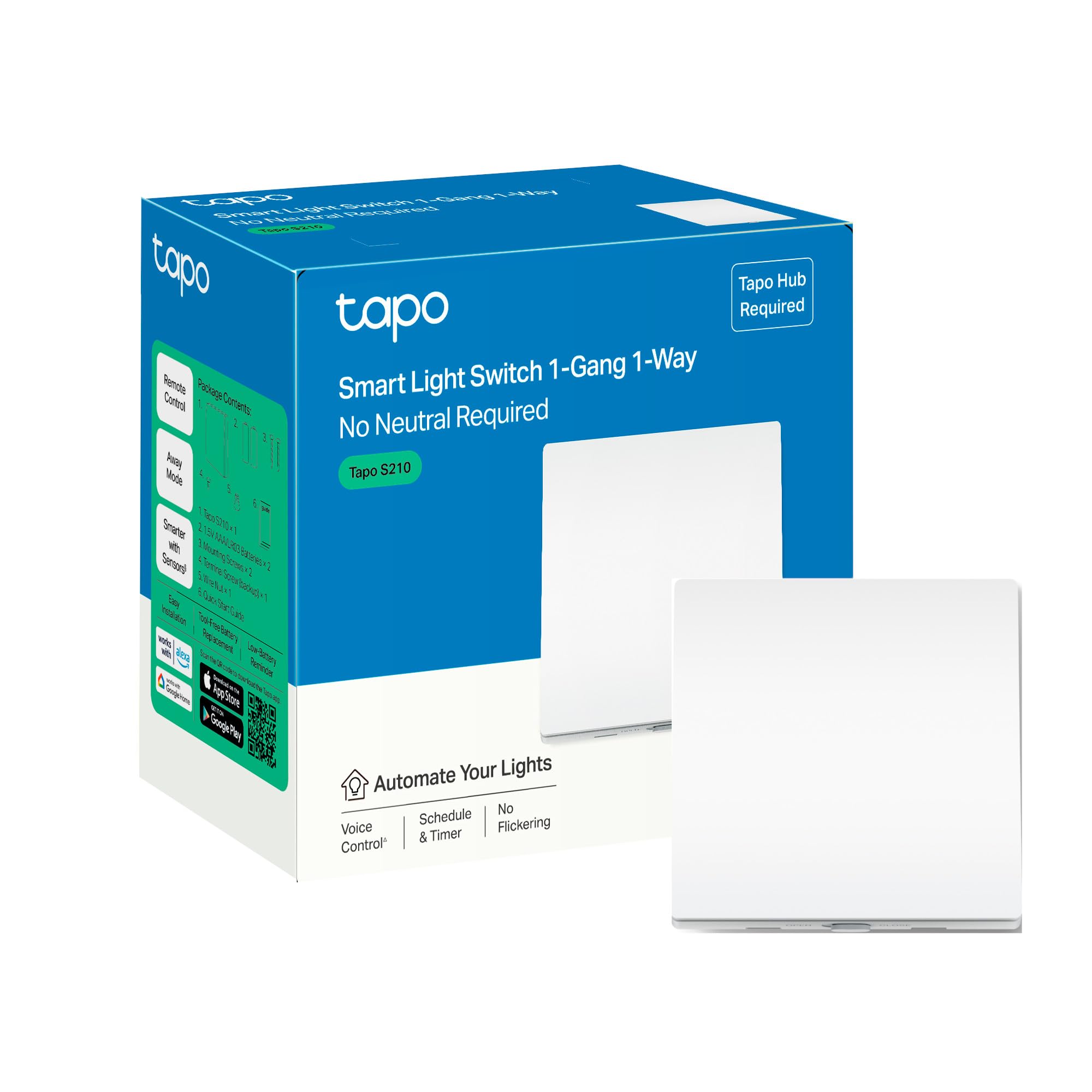 Tapo S210 Smart Light Switch 1 Gang 1 Way Smart Switch, Hub Required 1-Gang 1-Way, No Neutral Wire Required, Schedule Works with Tapo Hub