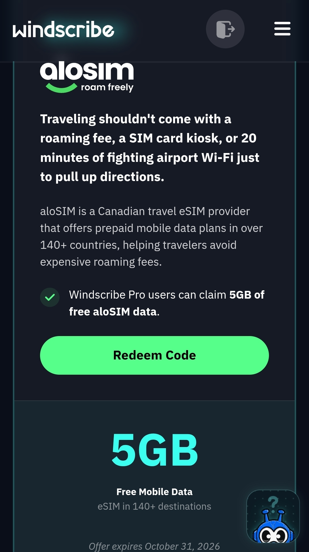 Windscribe Pro users can claim 5GB of free aloSIM data by logging in
