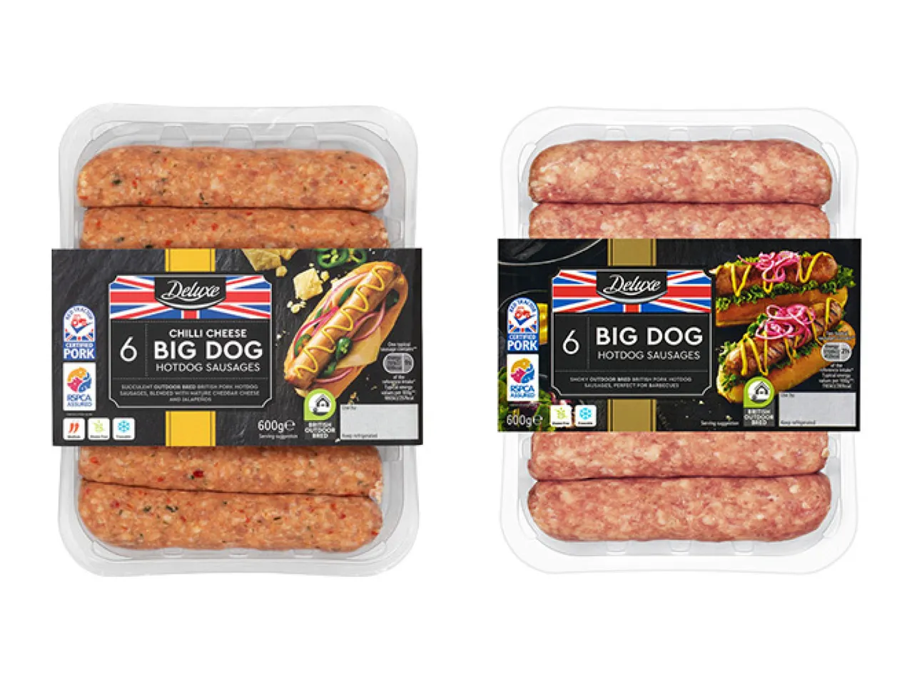 Deluxe 6 Big Dog Caramelised Onion or Smokey BBQ Hot Dog Sausages 600g - Lidl Plus Price