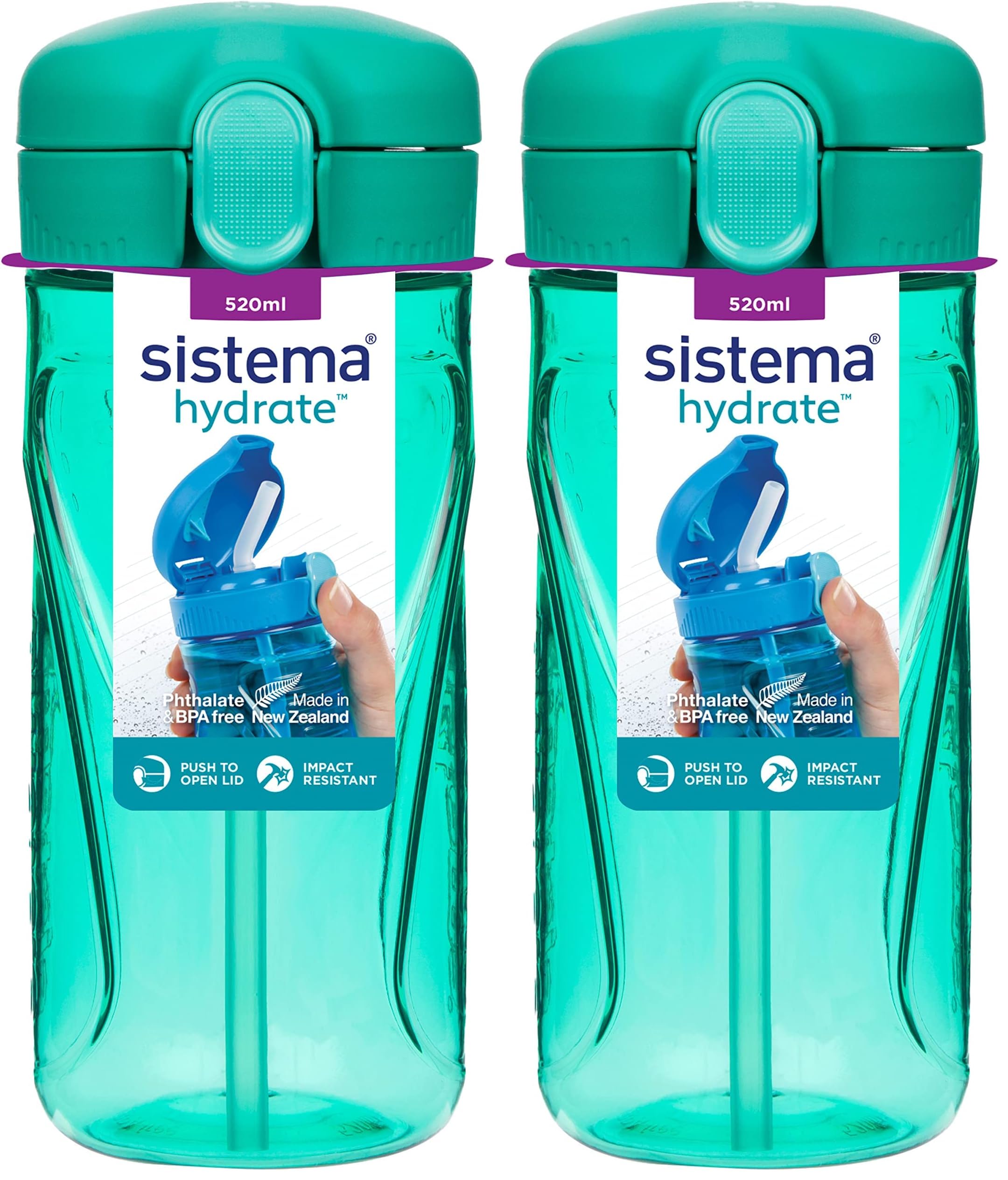 2 Sistema Hydrate Quick Flip Water Bottle | 520 ml | BPA Free Water Bottle with Straw | Recyclable
