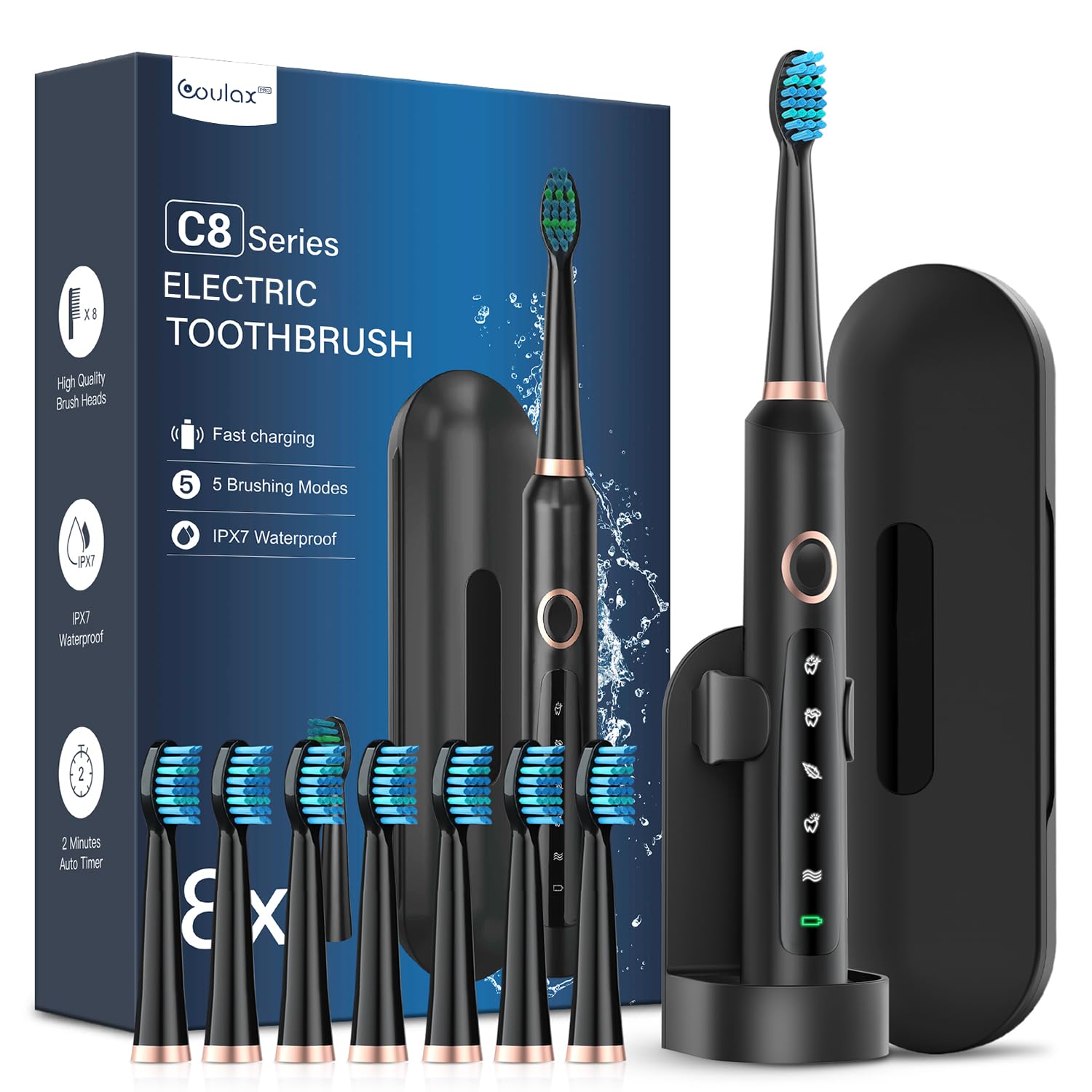 Coulax Pro Sonic Electric Toothbrush with 8 Replacement Heads and 5 Brushing Modes
