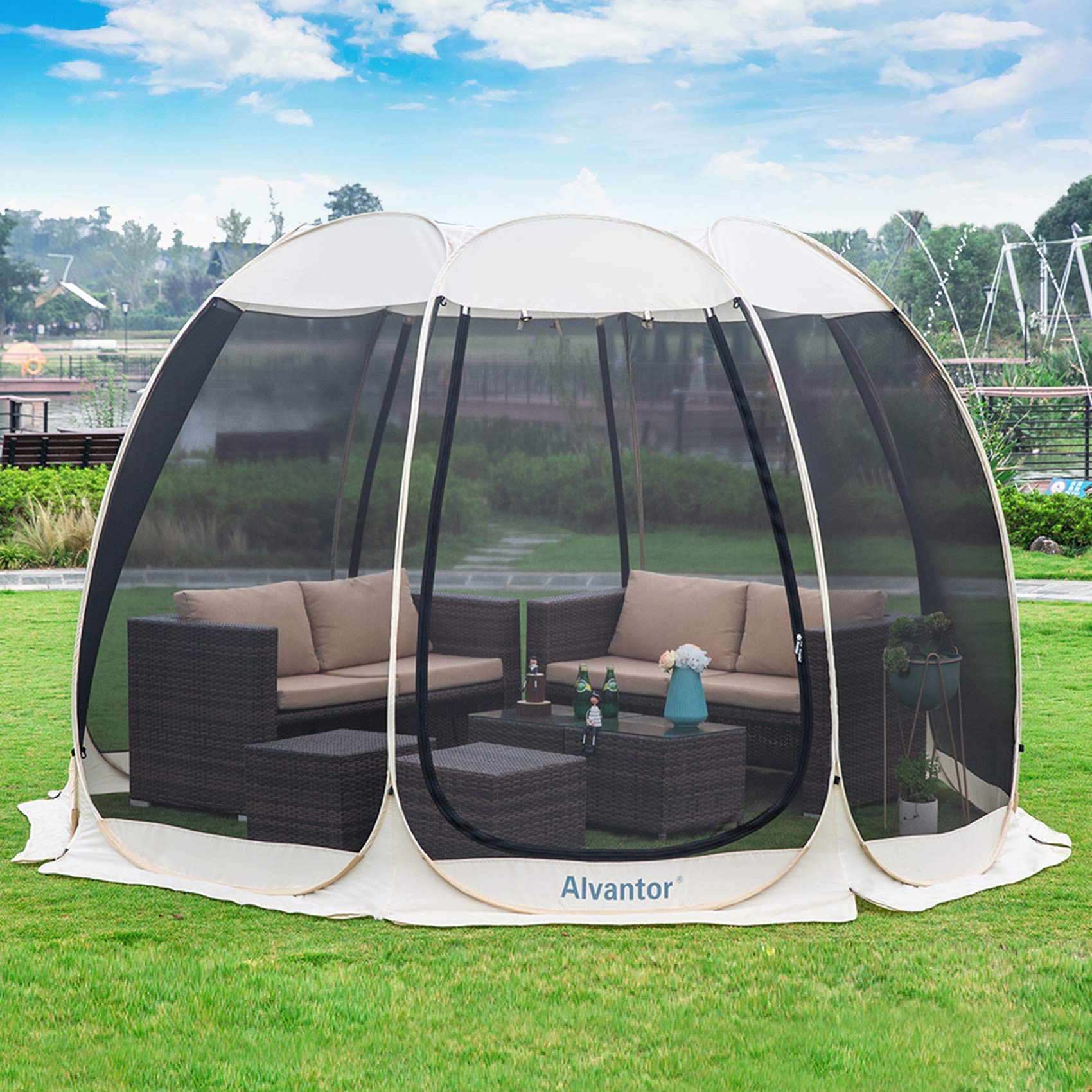 Alvantor Pop Up Mosquito Net Gazebo, 12 ' x 12' with Side Mosquito Net, Beige - Sold by Alvantor-UK FBA