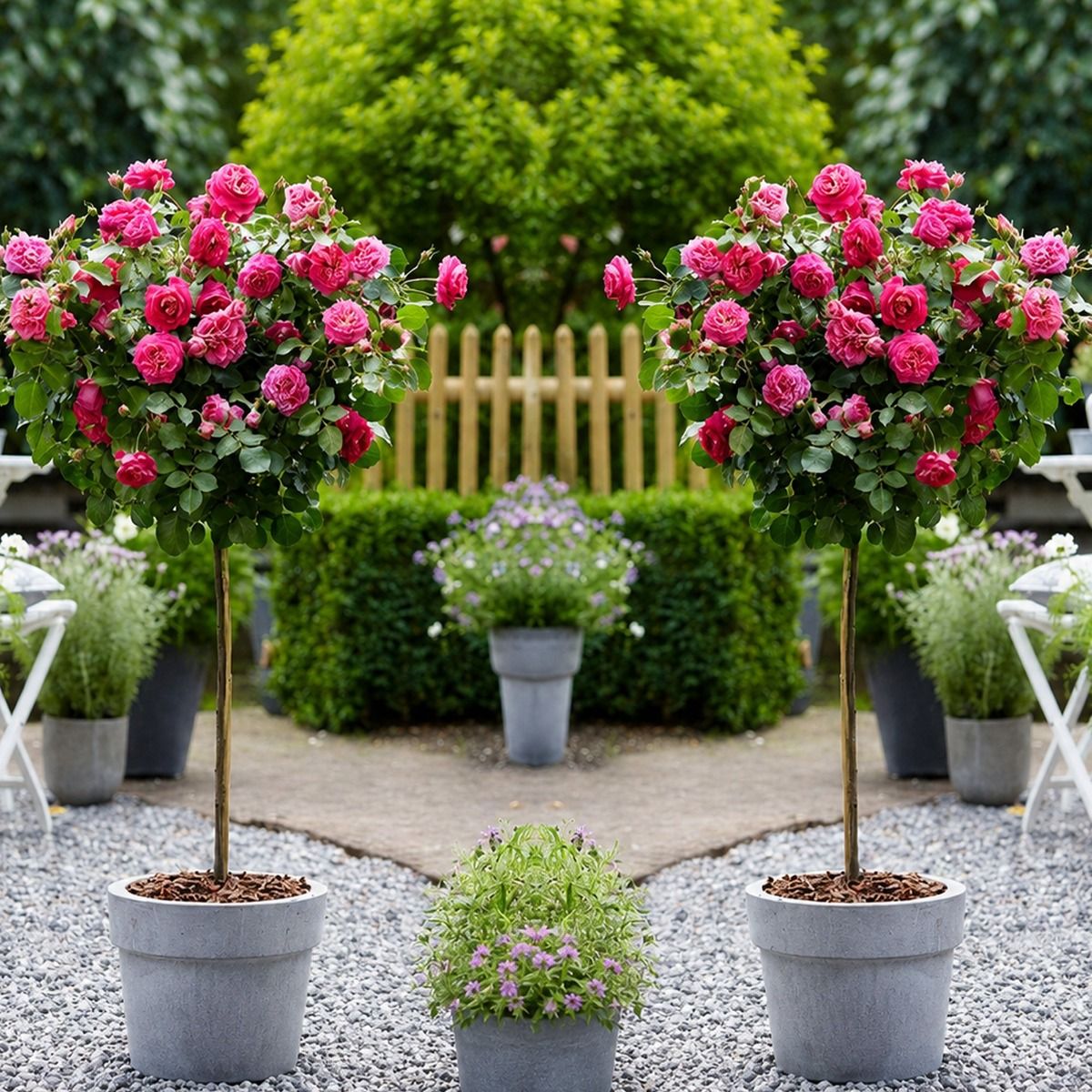 2 x Patio Standard PINK / RED Rose Trees circa 100cm tall - In Bud & Bloom