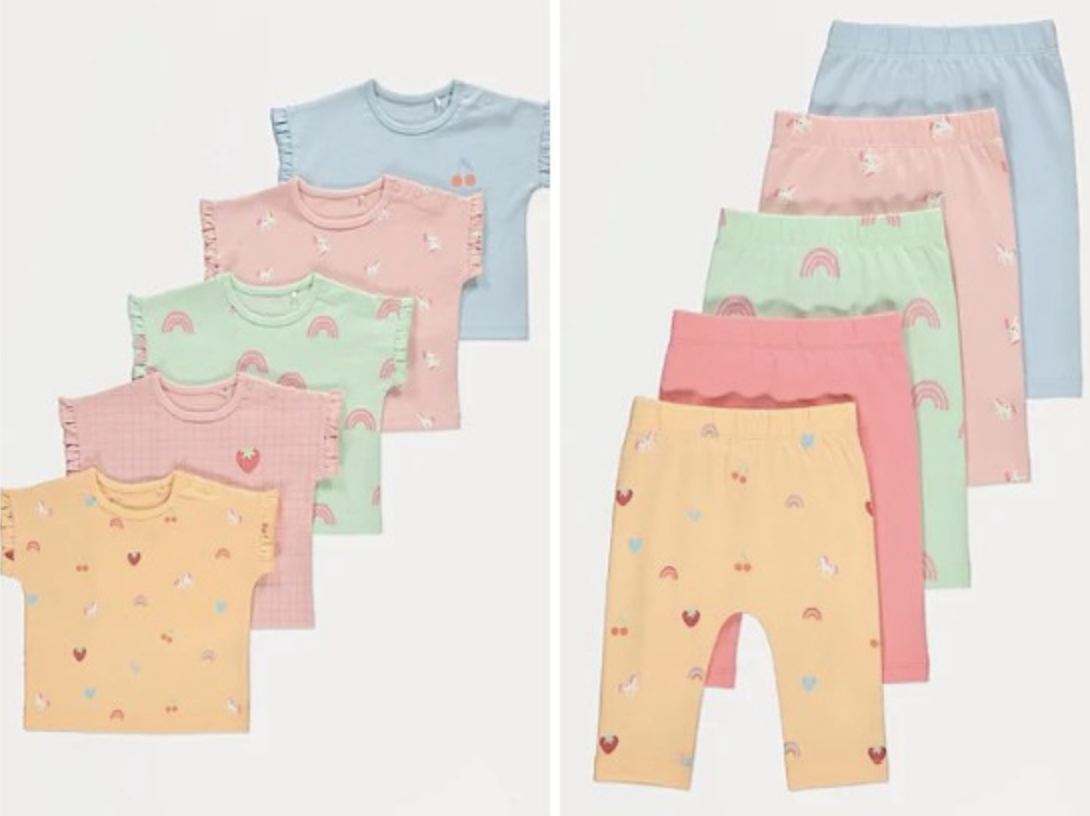 5 Pack Pastel Fruit Print T-Shirts/ Leggings, First Size - 12 Months + Free C&C (10% off George Rewards)