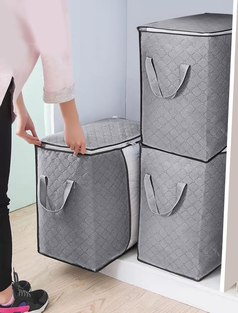 3-Pack Heavy-Duty Storage Bags with Zipper | Waterproof Moving & Travel Storage Organisers, Grey (Sold By Amazon Haul)