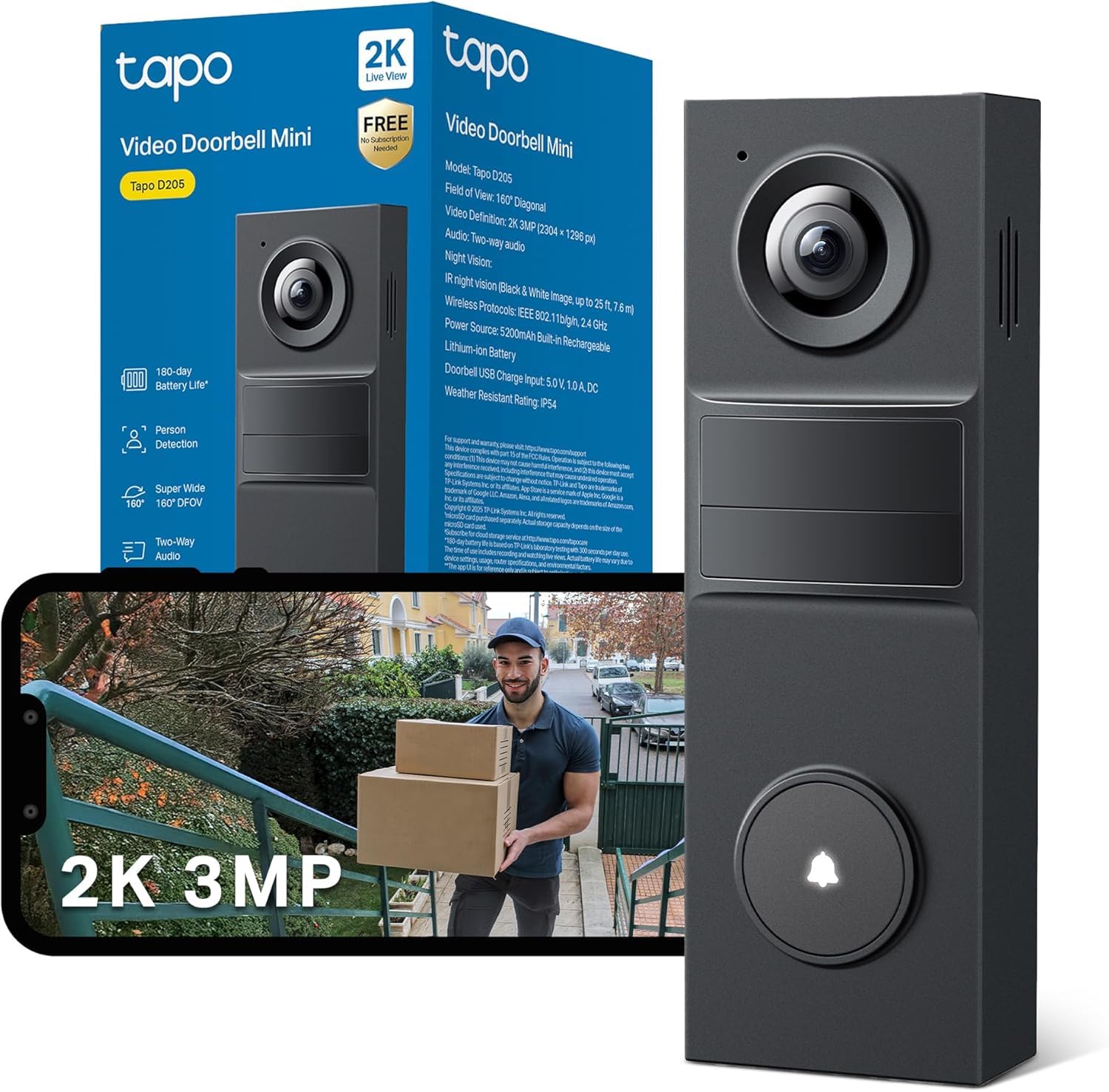 Tapo D205 2K 3MP Battery Doorbell Wireless, No Monthly Fee,160° FOV 2 Way Audio 180 Days Battery APP Control