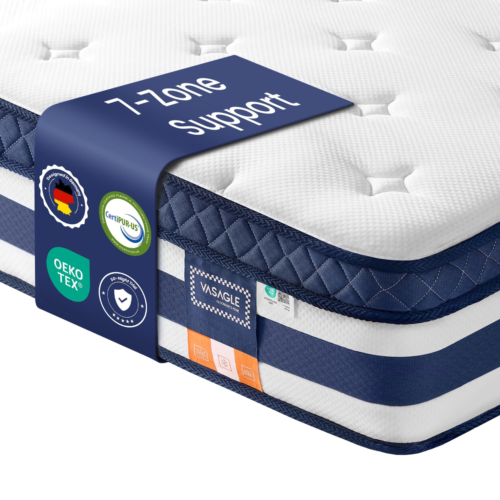 VASAGLE Pocket Sprung Mattress, Cooling Gel Memory Foam, 7-Zone Pressure Relief, H3 Medium Firm, 190 x 90 x 25 cm, Blue