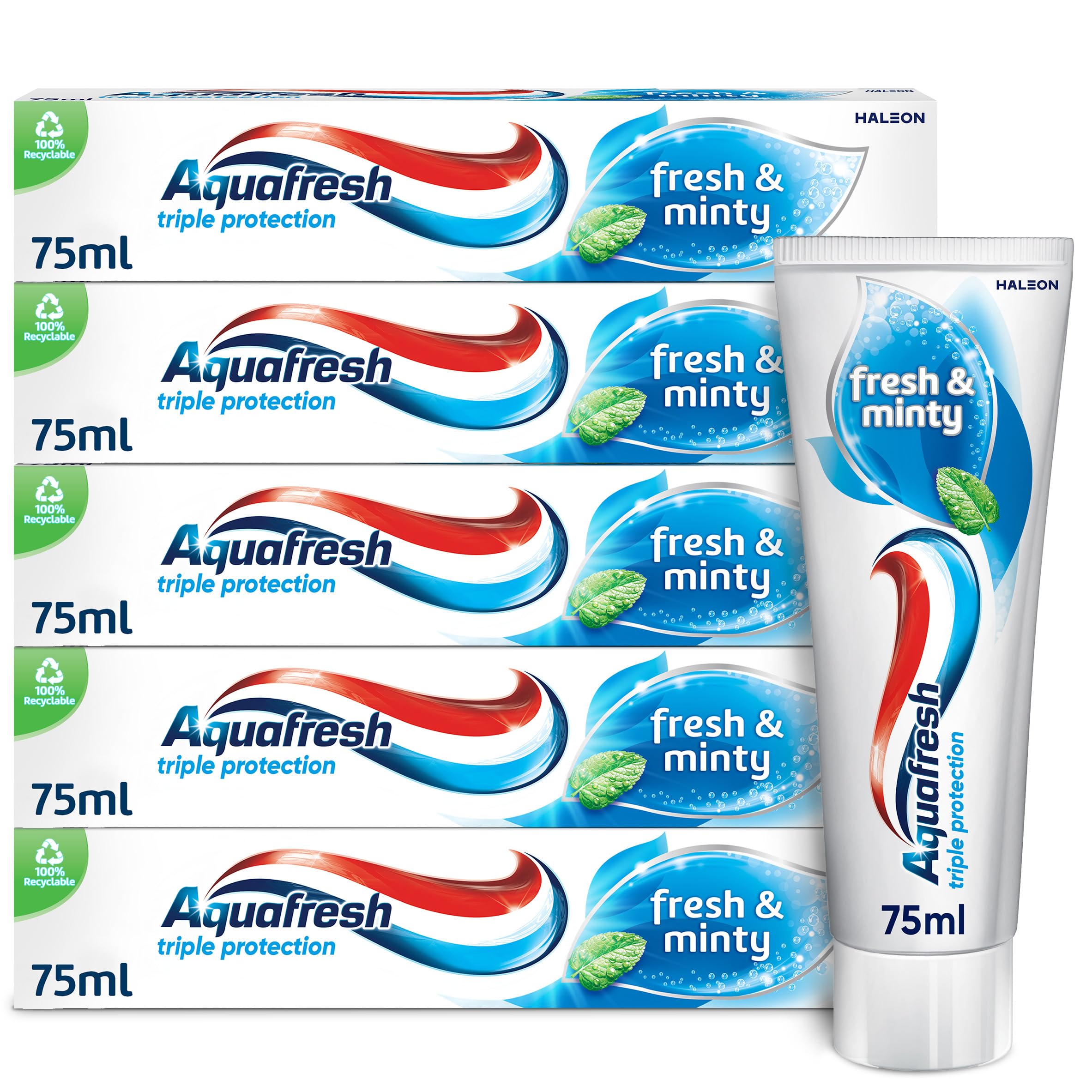 5 x Aquafresh Toothpaste Triple Protection Fresh & Minty, 3 in 1 Protection, 75ml (£4.27/£3.82 S&S)