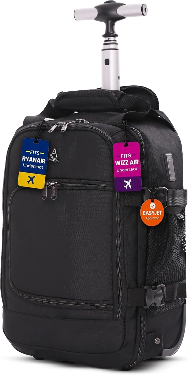 Aerolite Ryanair & Wizz Air Trolley Backpack/Cabin Bag, 2 Wheels & USB Port - Sold & Shipped by Packed Direct