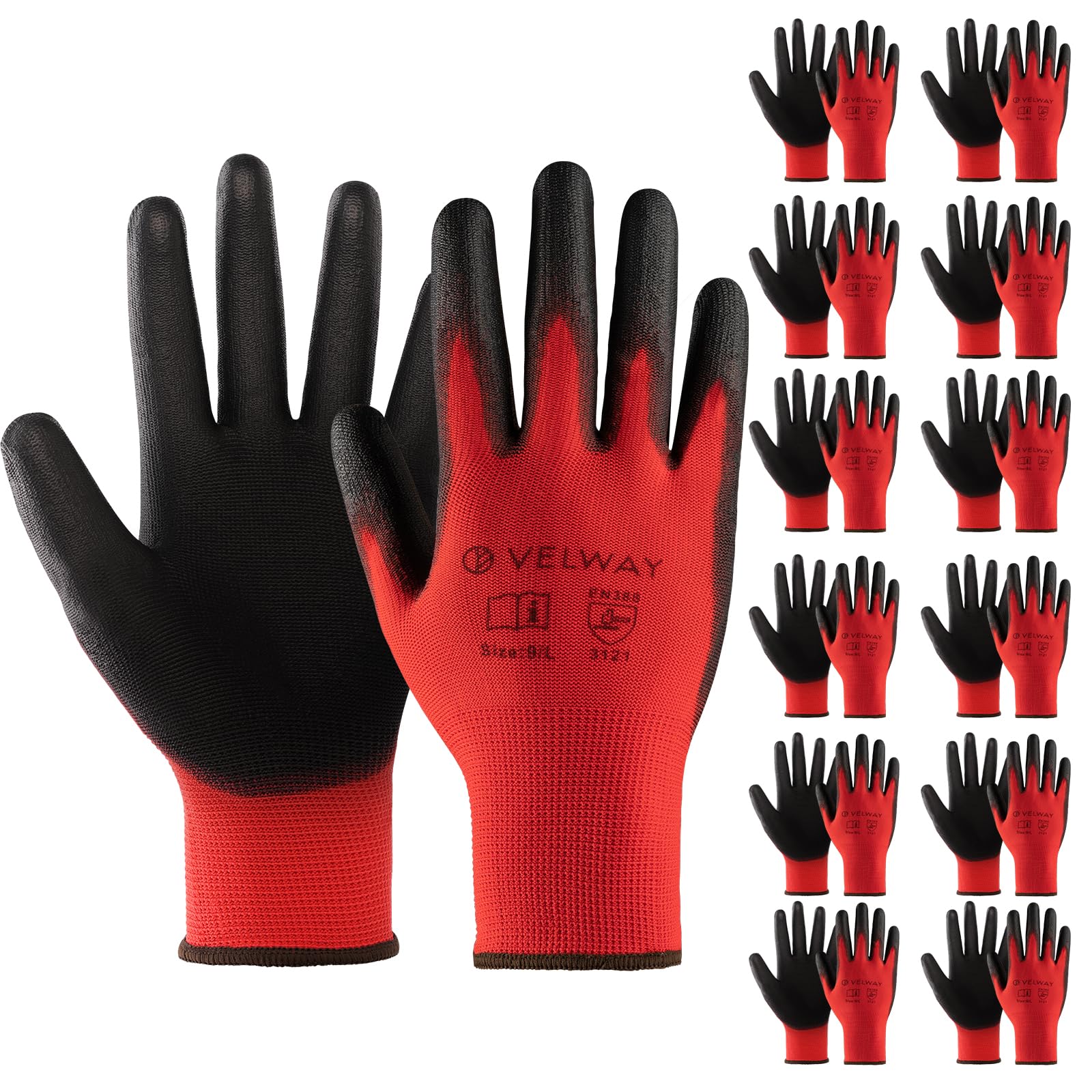 Velway 12 Pairs Work Gloves PU Coated for Men Women, Red, Size 9/L