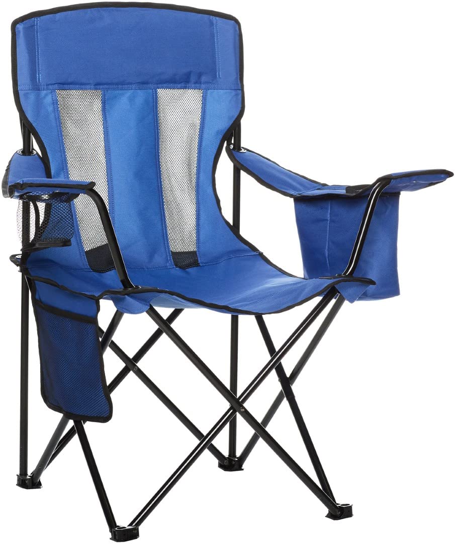 Amazon Basics Comfortable, Heavy Duty, Portable Camping Chair with 4-Can Cooler, Side Pocket, Cup Holder, and Carry Bag, Blue - Large Size