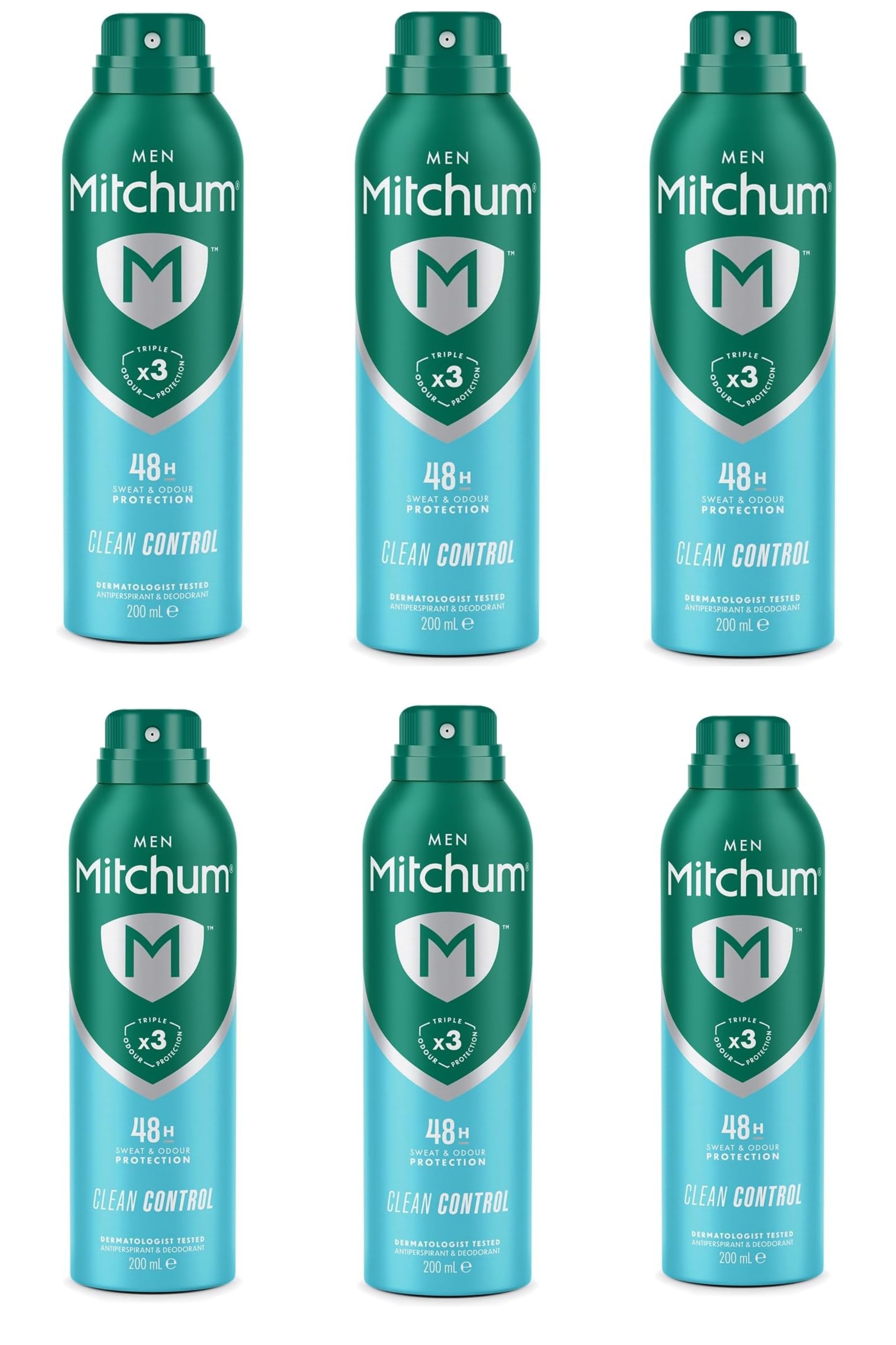 6 x Mitchum Men Clean Control Triple Odor Defense 48HR Protection Deodorant Spray & Antiperspirant 200ml (£8.26 / £7.44 with S&S)