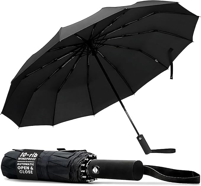 TANNESS Windproof Umbrella – 10-Rib Waterproof & Compact Umbrella with Automatic Open/Close Function and Ergonomic Handle – Folding