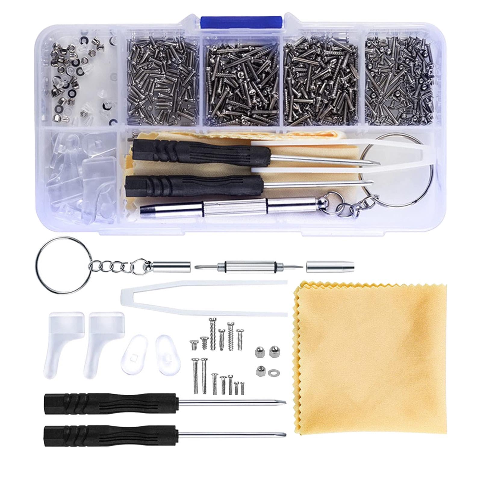 500 Pcs Eyeglass Repair Kit - Mini Screwdrivers, Silicone Nose Pads, Screws Nuts, Tweezers & Cleaning Cloth - Sold by YaoChuanShang / FBA