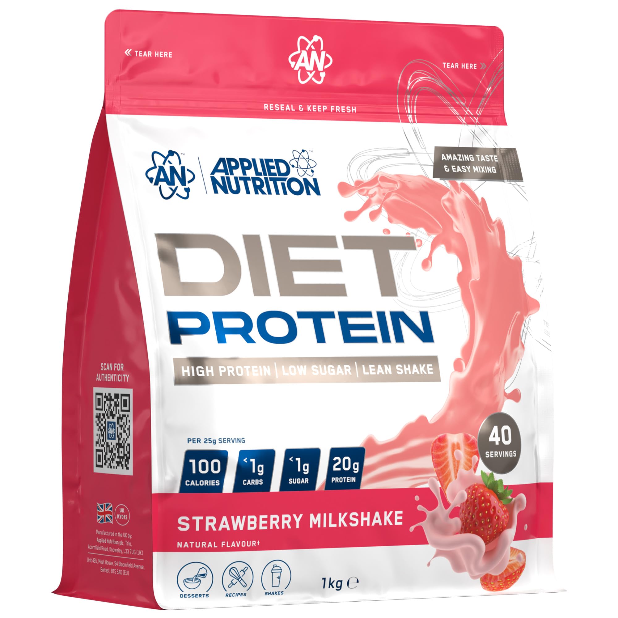 Applied Nutrition Diet Protein - High Protein Powder Supplement - Strawberry Milkshake - (1kg - 40 Servings)