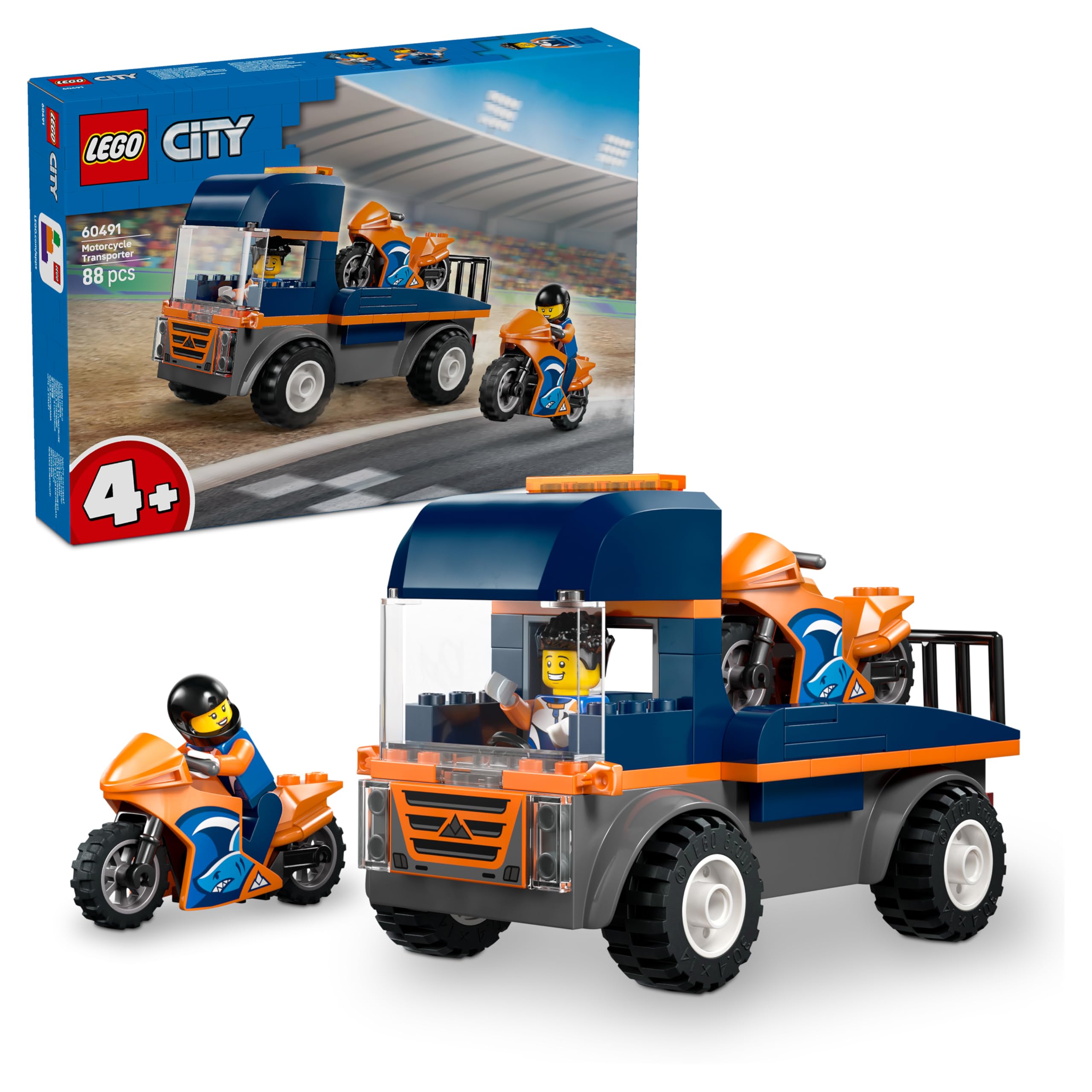 LEGO City Motorcycle Transporter - Fine Motor Skills Toy w/Flatbed Truck, 2 Motorbikes, 2 Minifigures, Ramp & Accessories - 60491