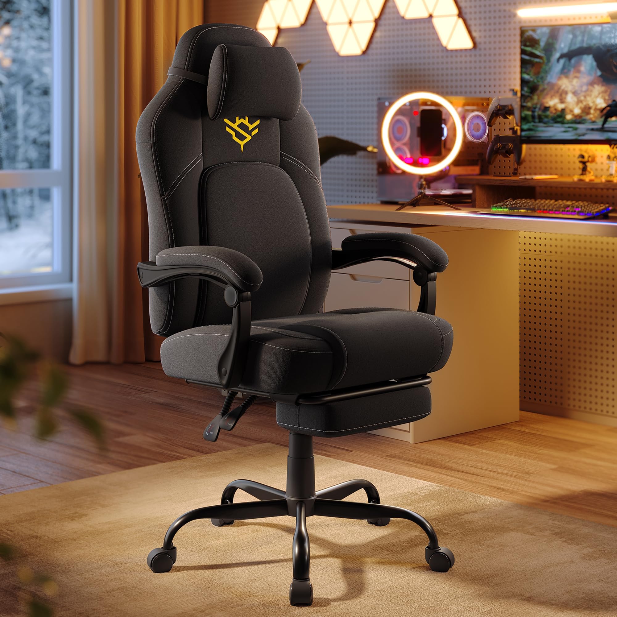 SONGMICS HOME Gaming Chair, Ergonomic Computer Chair with Footrest & Headrest, Cotton-Linen Fabric, Adjustable Height - Black