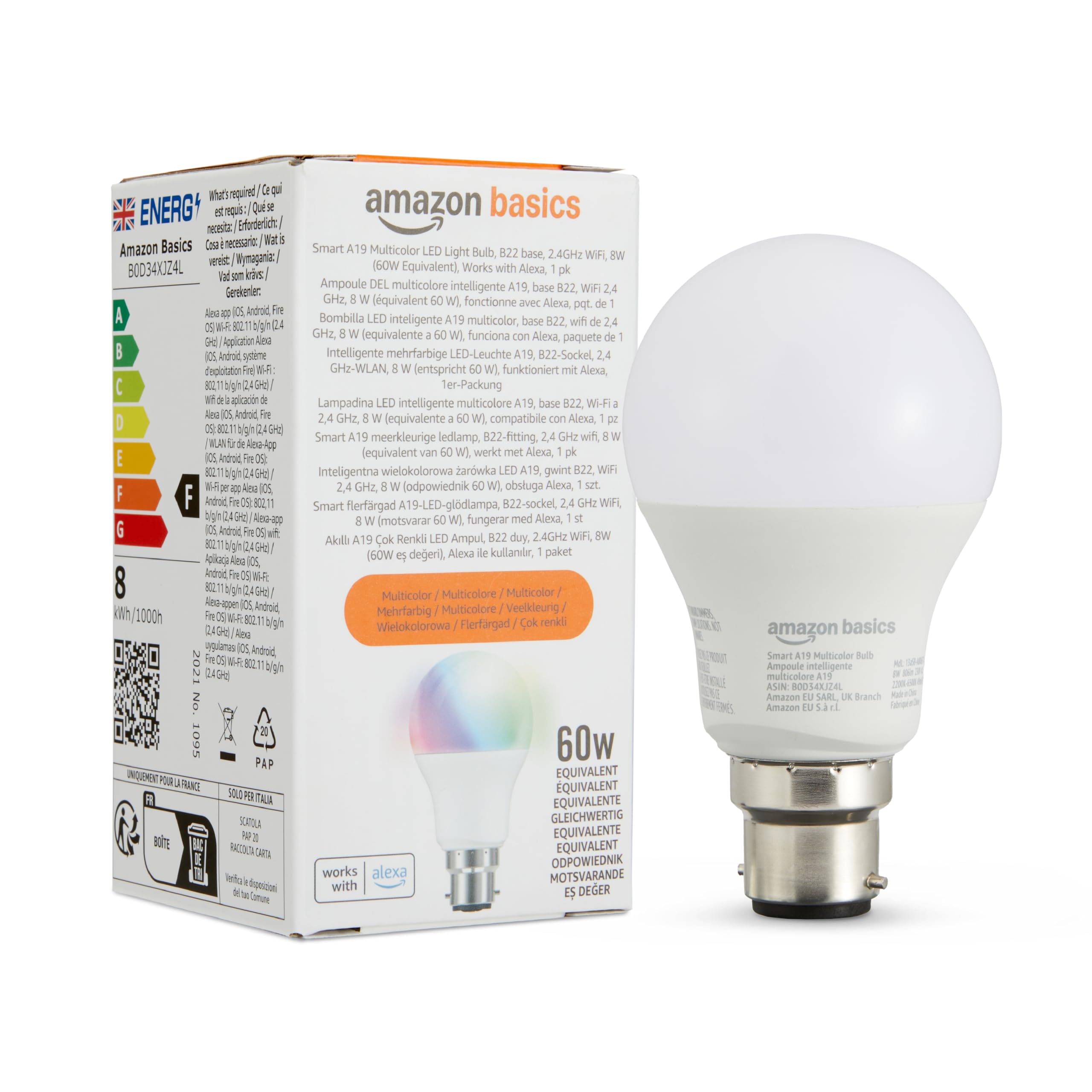 Amazon Basics Smart Multicolor LED Light Bulb, B22 Base, 8W (60W Equivalent), Works with Alexa Only, 1 Pack