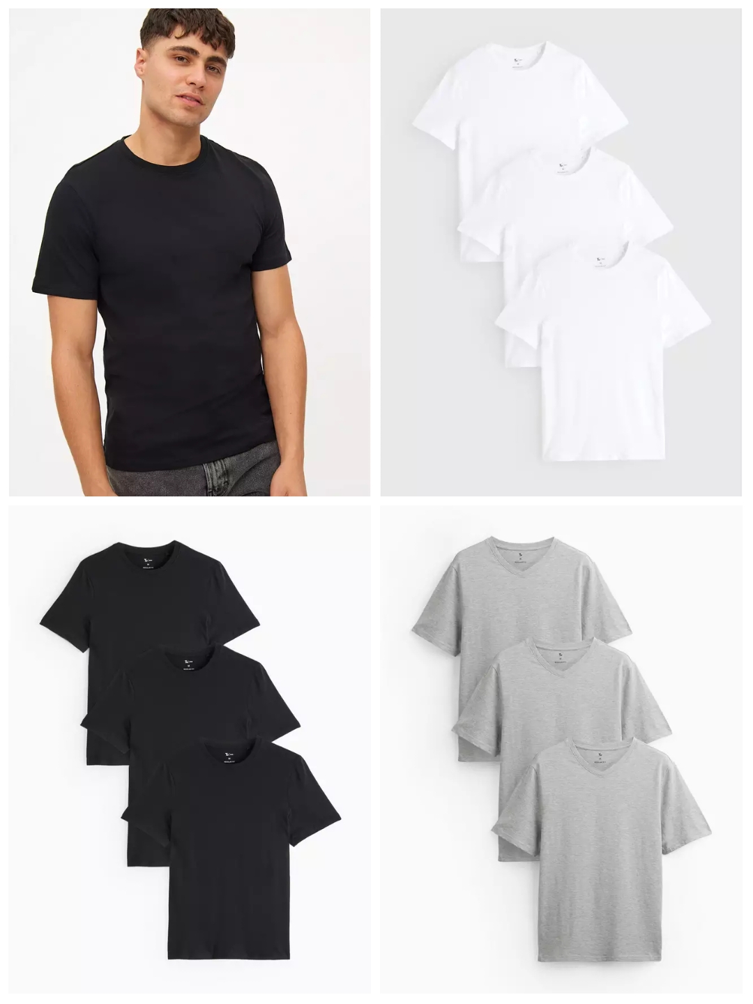 Mens Black/White Crew, Black/Grey V Neck Core Short Sleeve T-Shirt 3 Pack Sizes S-4XL + Free C&C