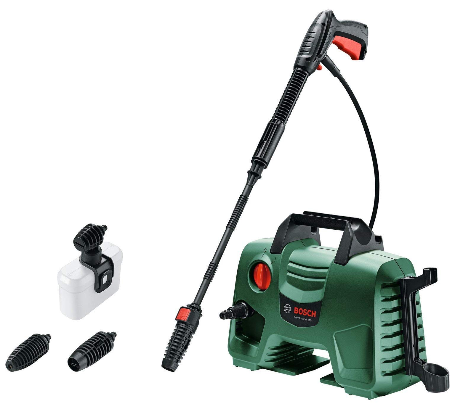 Bosch high pressure washer EasyAquatak 110, 110 bar, onboard storage for gun & accessories, and a 450ml detergent nozzle
