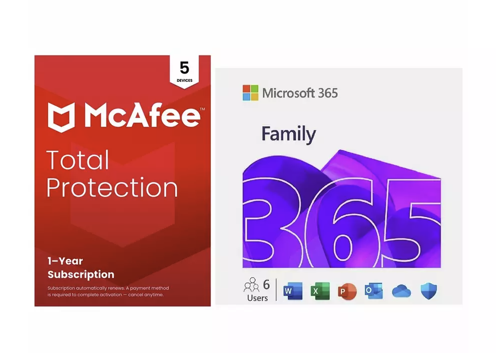 Microsoft 365 Family 6 People & McAfee 1 Year, 5 Device (Physical Copy) - Free C&C