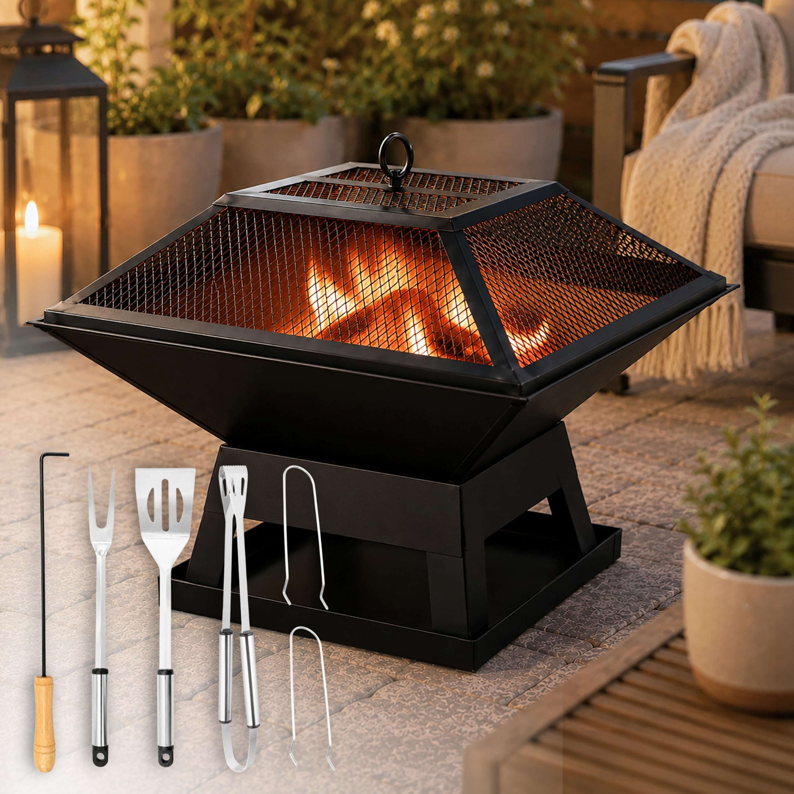 2-in-1 Square Fire Pit BBQ Grill 45cm Outdoor Wood Burner with Accessories | 2-in-1 fire pit & BBQ Grill - Sold & Shipped by Garden_Mile